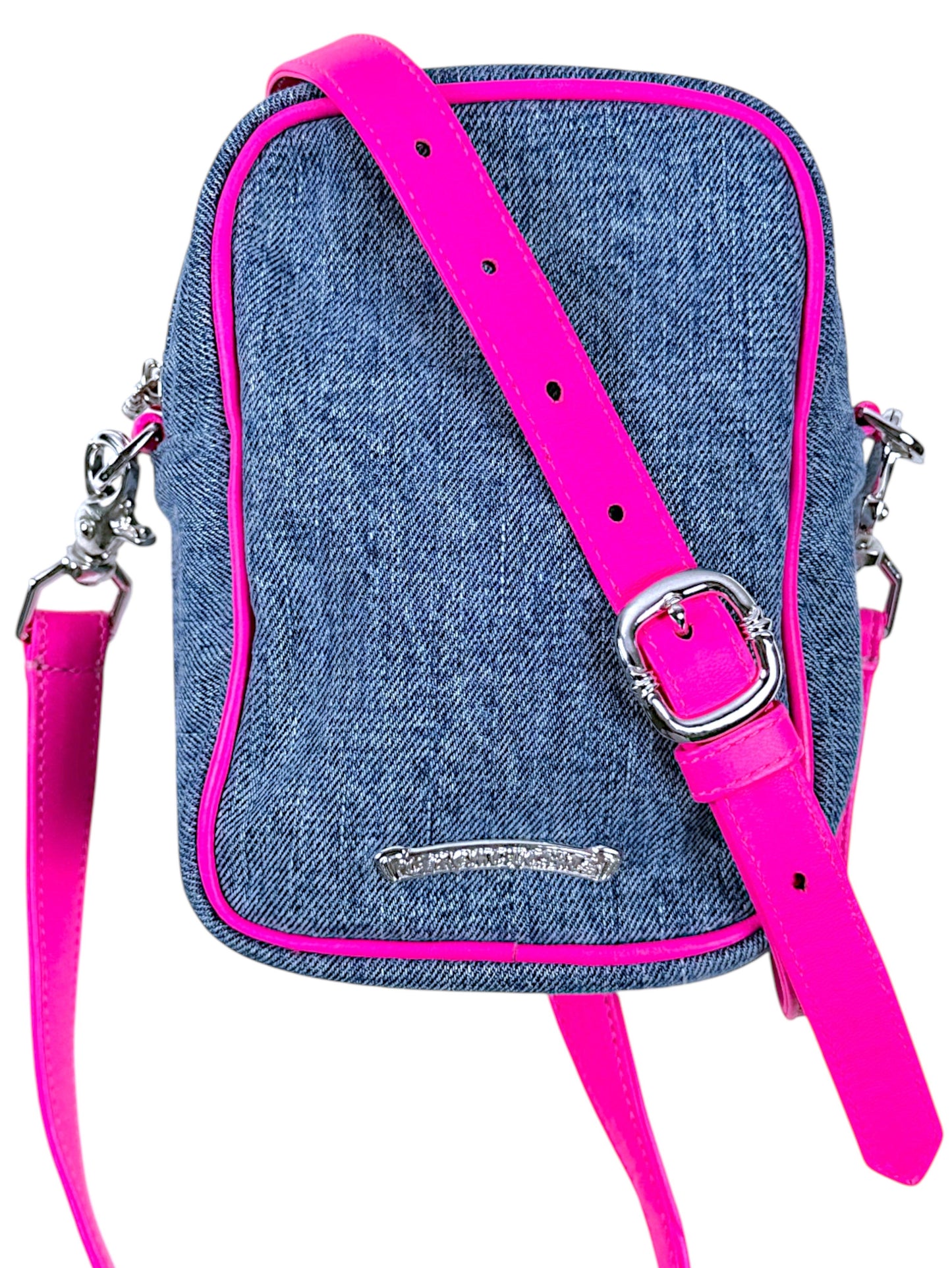 Chrome Hearts Denim Taka Bag Hot Pink Trim Silver Logo Plaque
