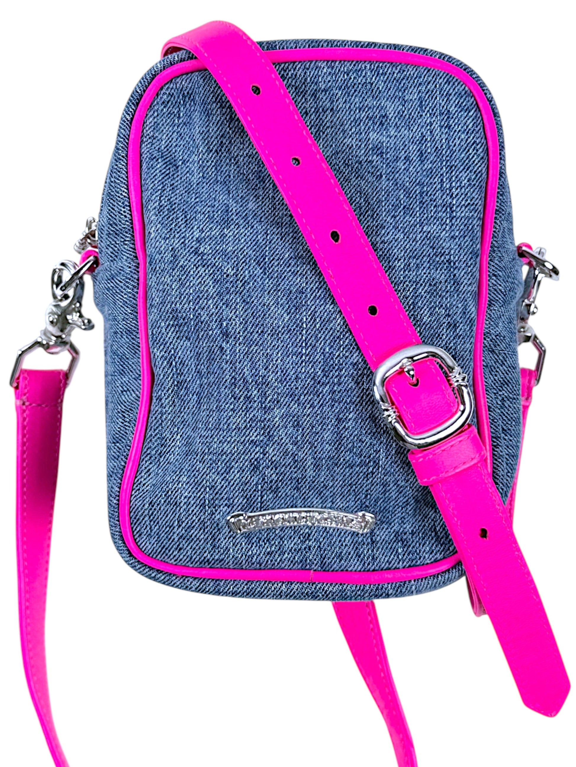 Chrome Hearts Denim Taka Bag Hot Pink Trim Silver Logo Plaque