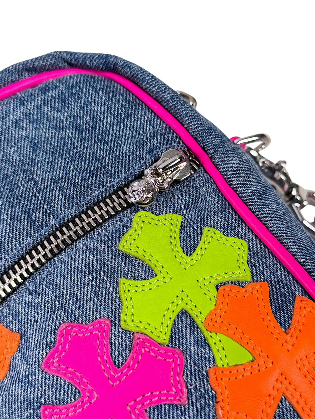 Neon Green Cross Patch on Chrome Hearts Denim Taka Bag Silver Zipper