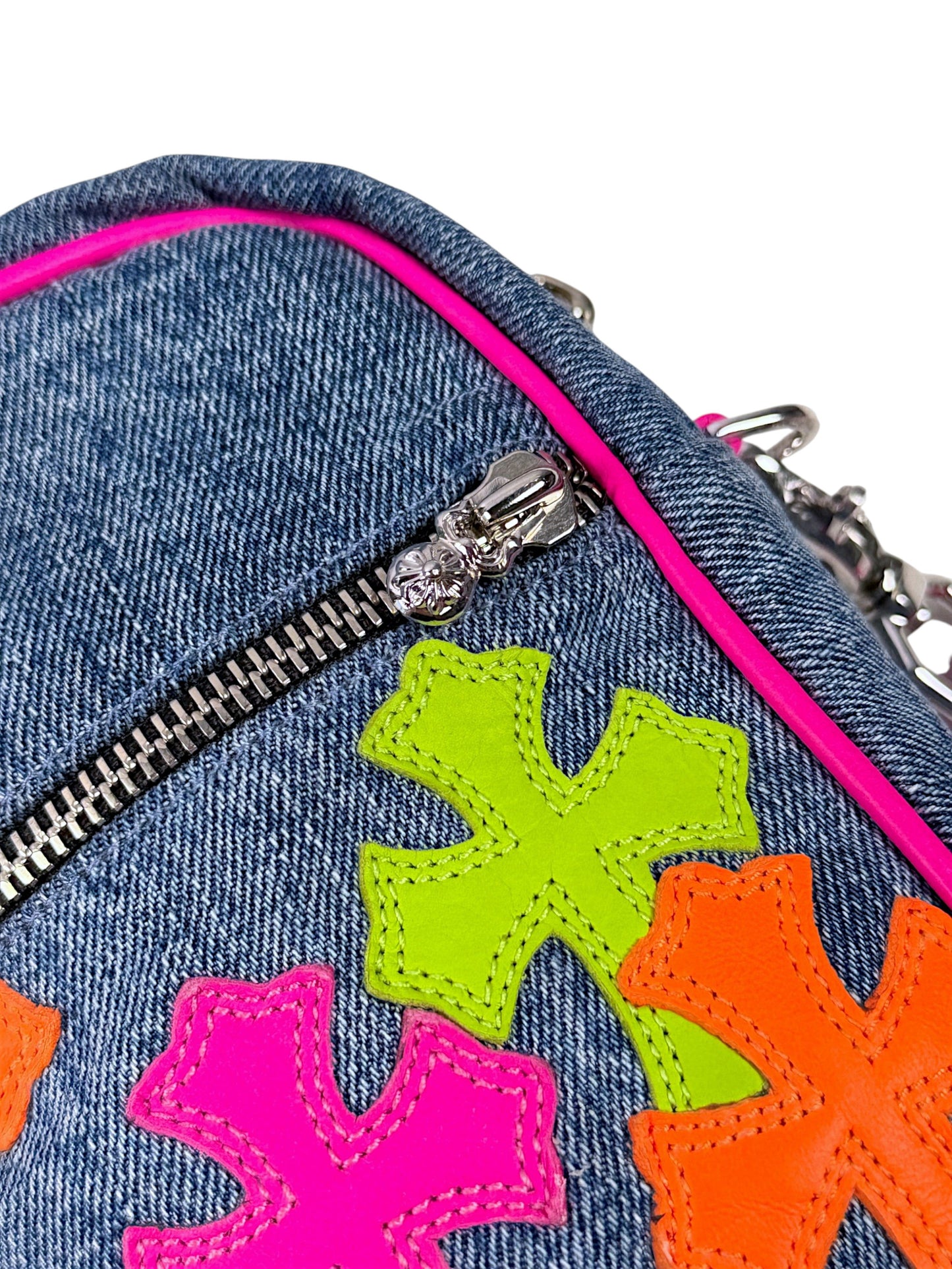 Neon Green Cross Patch on Chrome Hearts Denim Taka Bag Silver Zipper