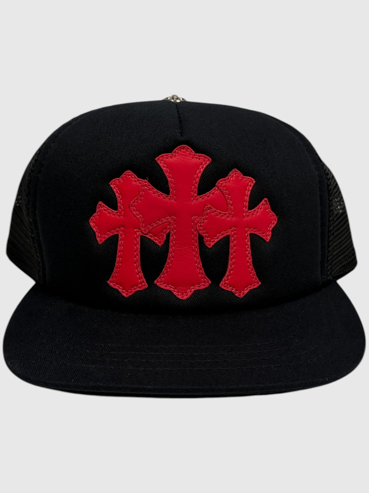 Chrome Hearts Red Leather Triple Cross Patch Trucker Hat Black