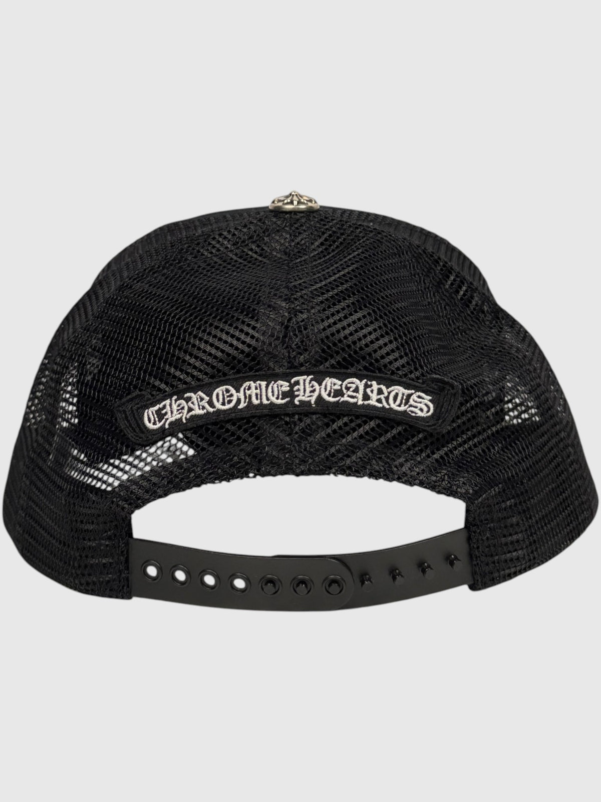 Black Mesh Chrome Hearts Trucker Hat Embroidered Scroll Logo Snapback
