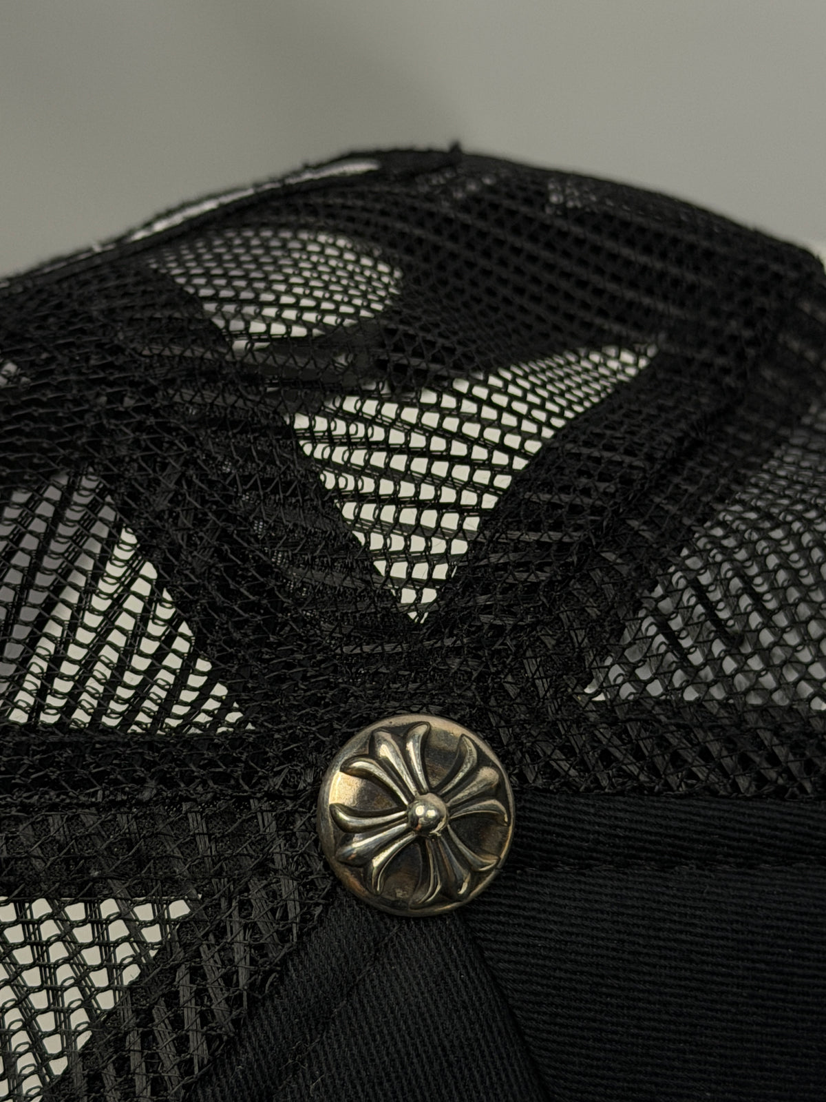 .925 Sterling Silver CH Plus Button on Chrome Hearts Black Trucker Hat