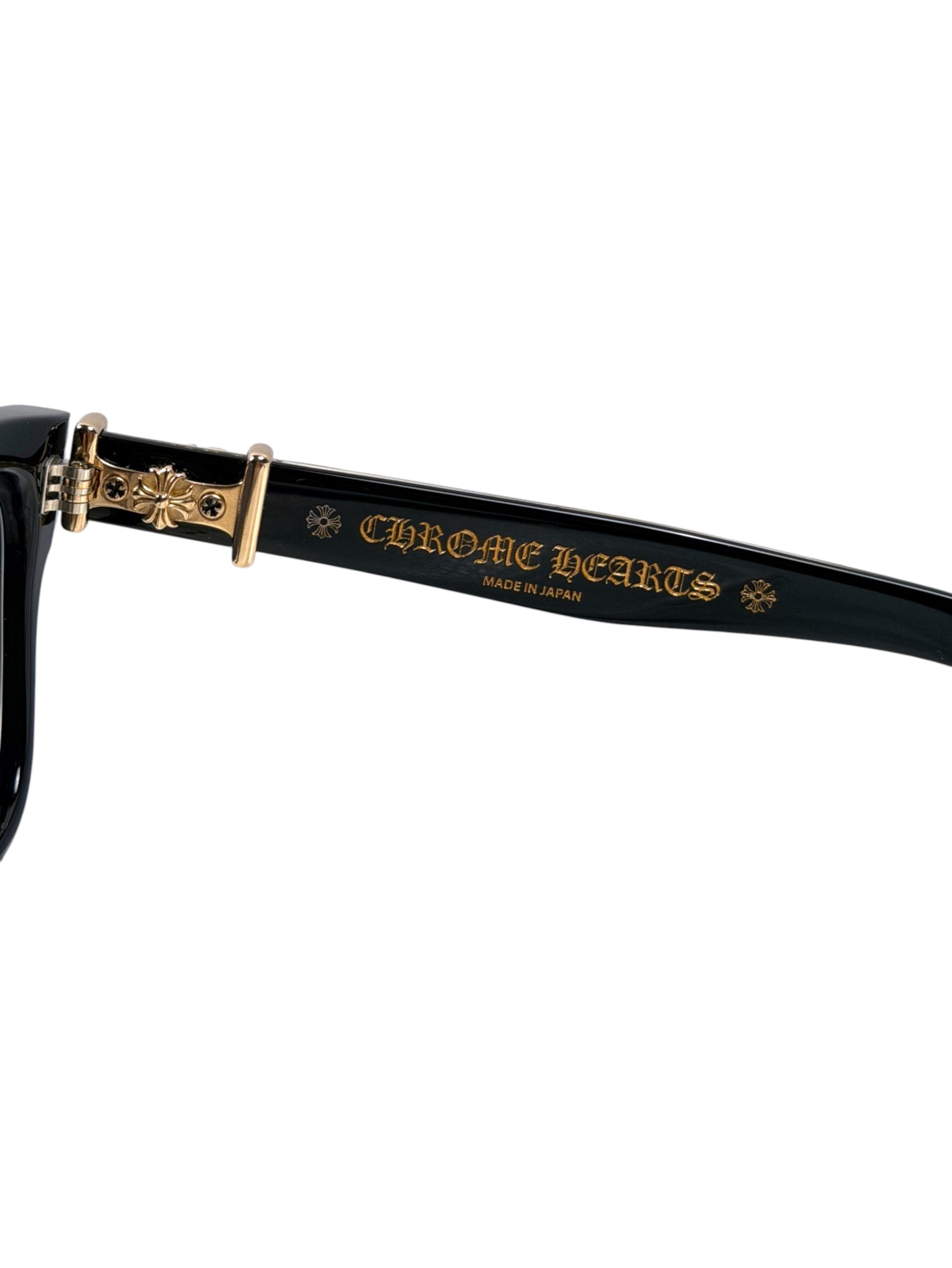 Chrome Hearts gold logo lettering on black Vagillionaire II eyeglass temple