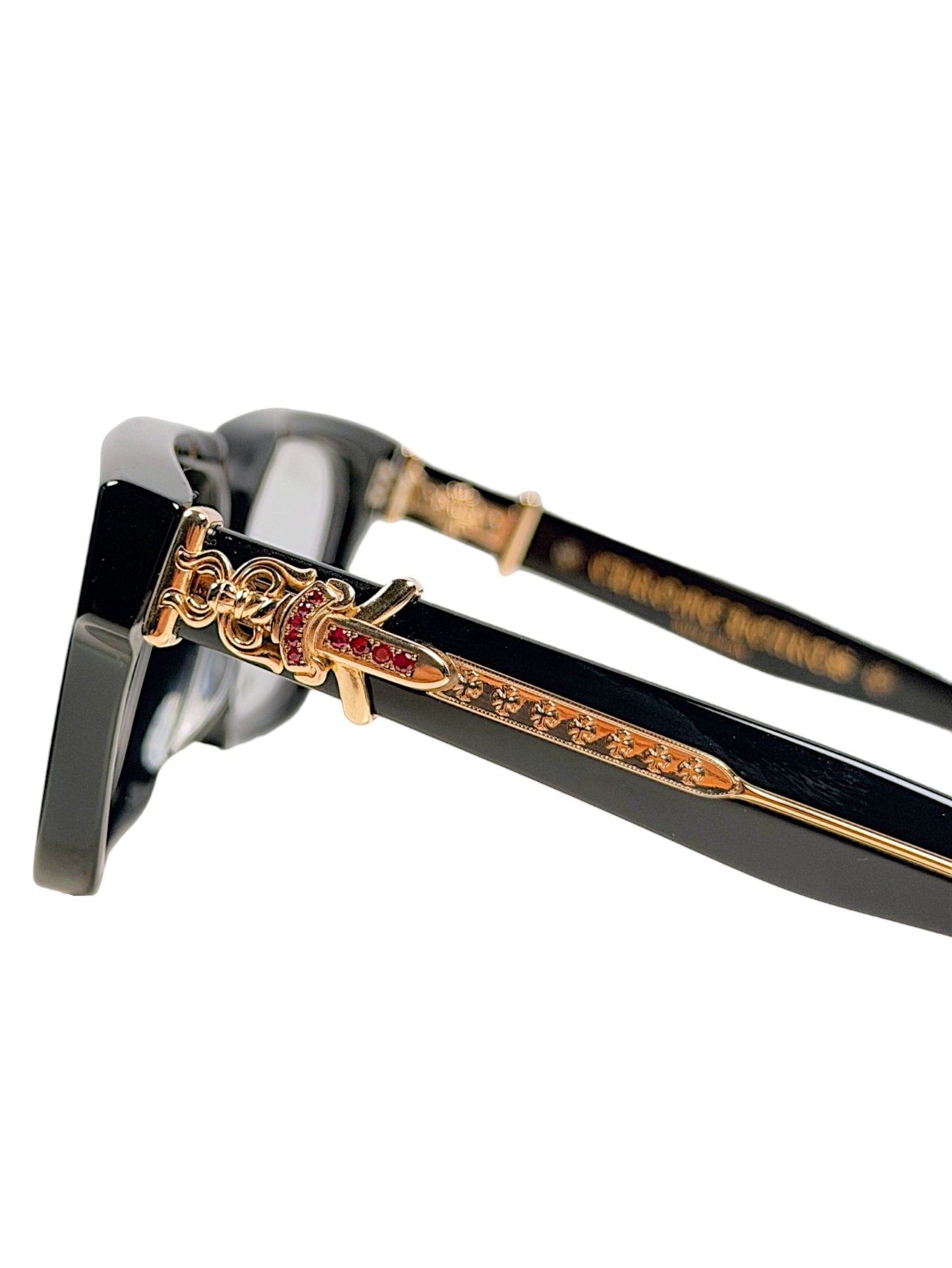 Gold plated cross scroll hardware on Chrome Hearts Vagillionaire II glasses
