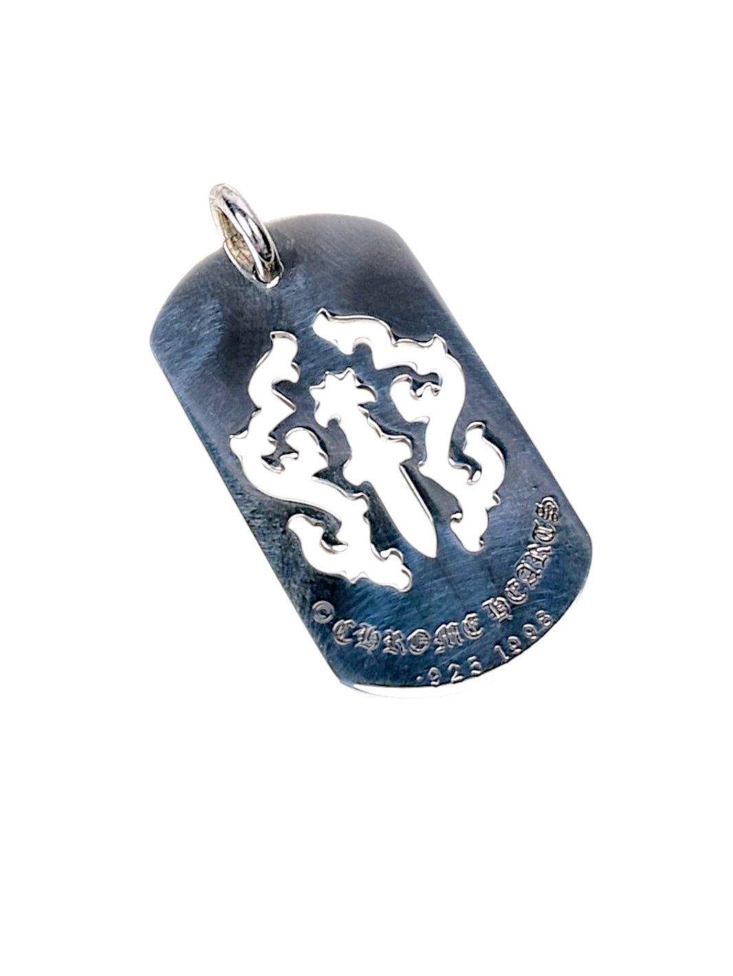 Oxidized .925 Silver Chrome Hearts Dog Tag Dagger Motif
