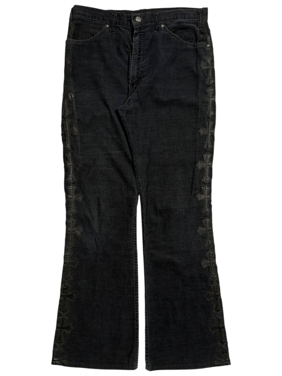 Vintage Levi's Black Corduroy Flare Jeans Chrome Hearts Leather Cross Patches