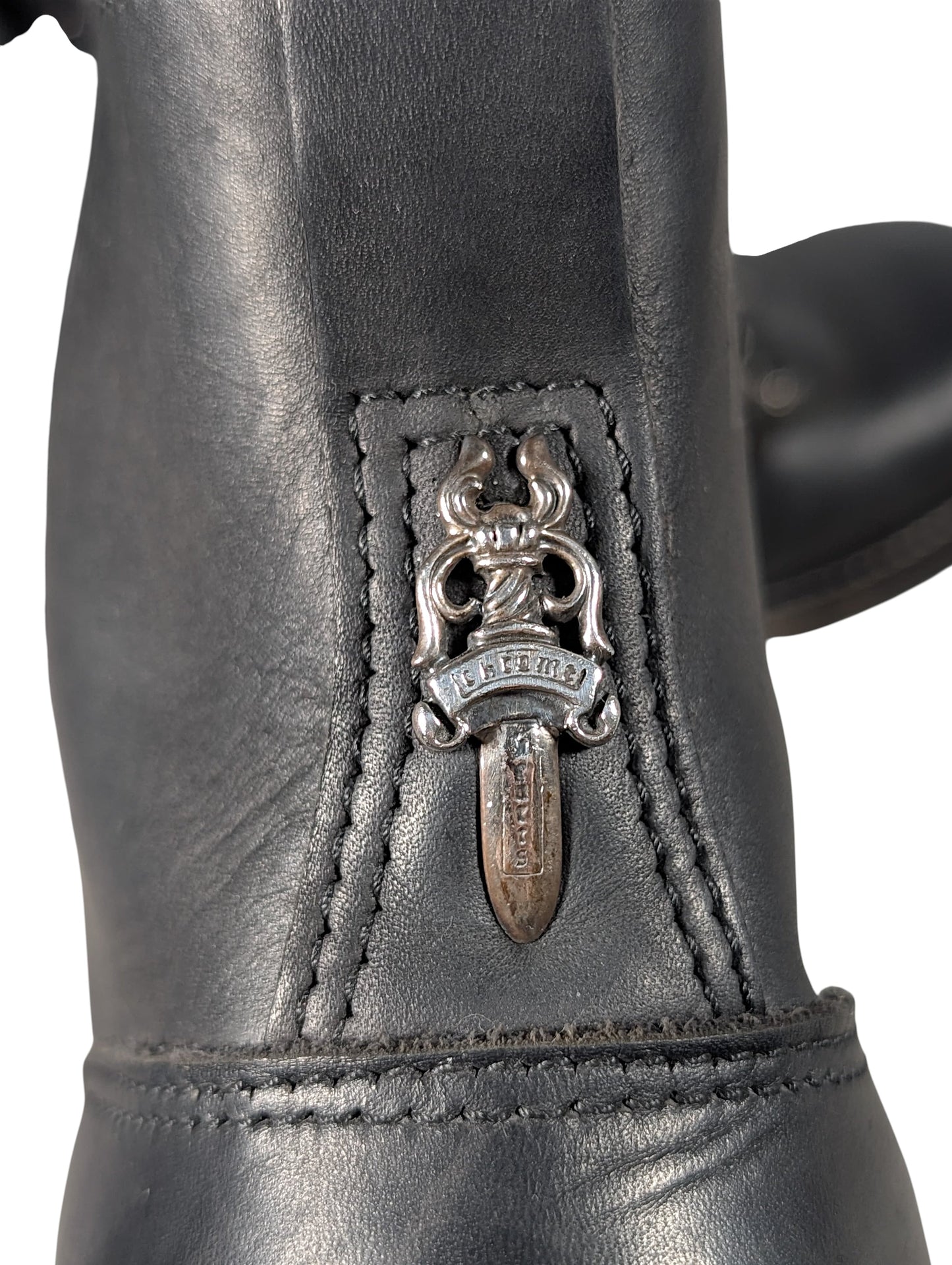 chrome hearts wesco boots silver dagger zipper close up silver chrome hardware