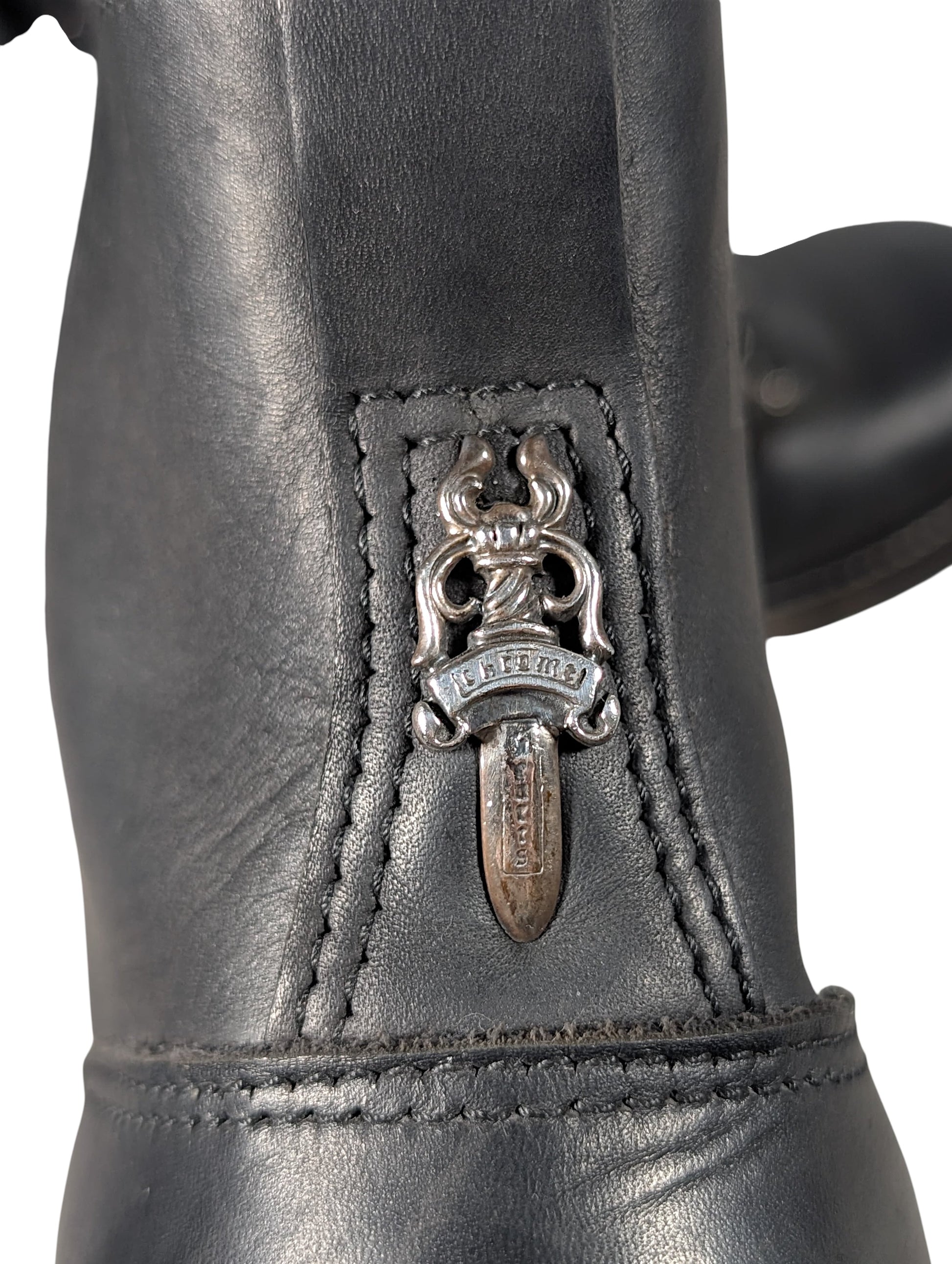 chrome hearts wesco boots silver dagger zipper close up silver chrome hardware
