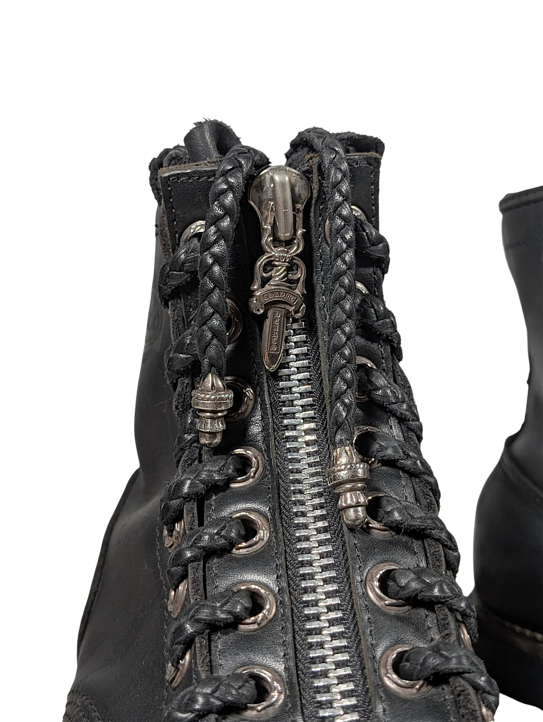 chrome hearts wesco boots silver dagger zipper close up black leather chrome hardware