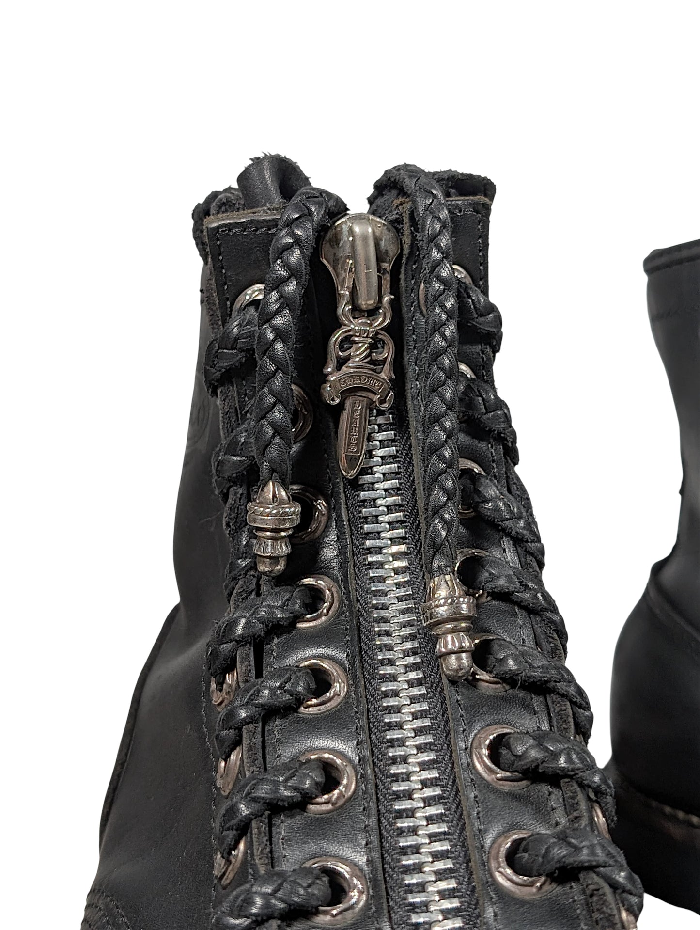chrome hearts wesco boots silver dagger zipper close up black leather chrome hardware
