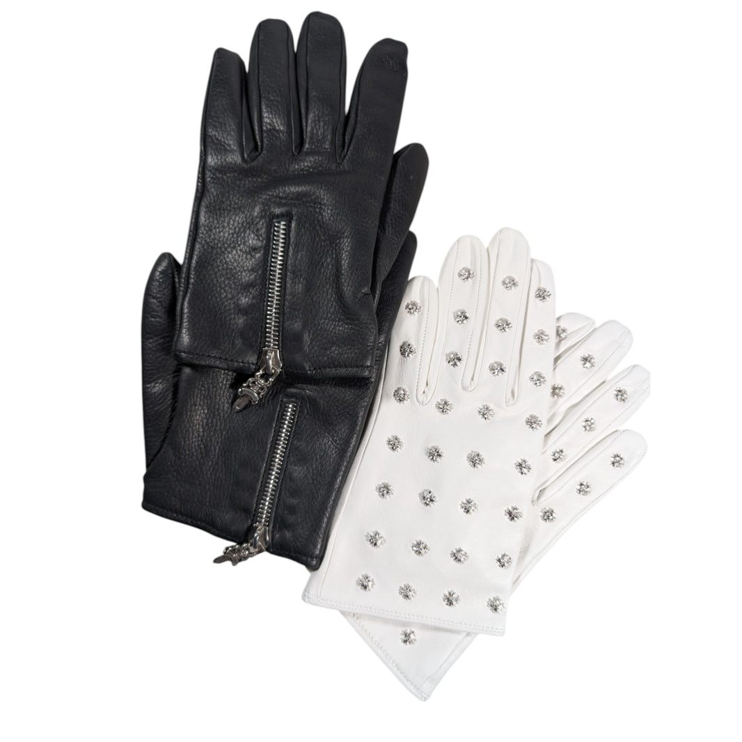Chrome Hearts Leather & Silk Leather Gloves w/ flooded CH Plus Silver Studs Authenticated Designer