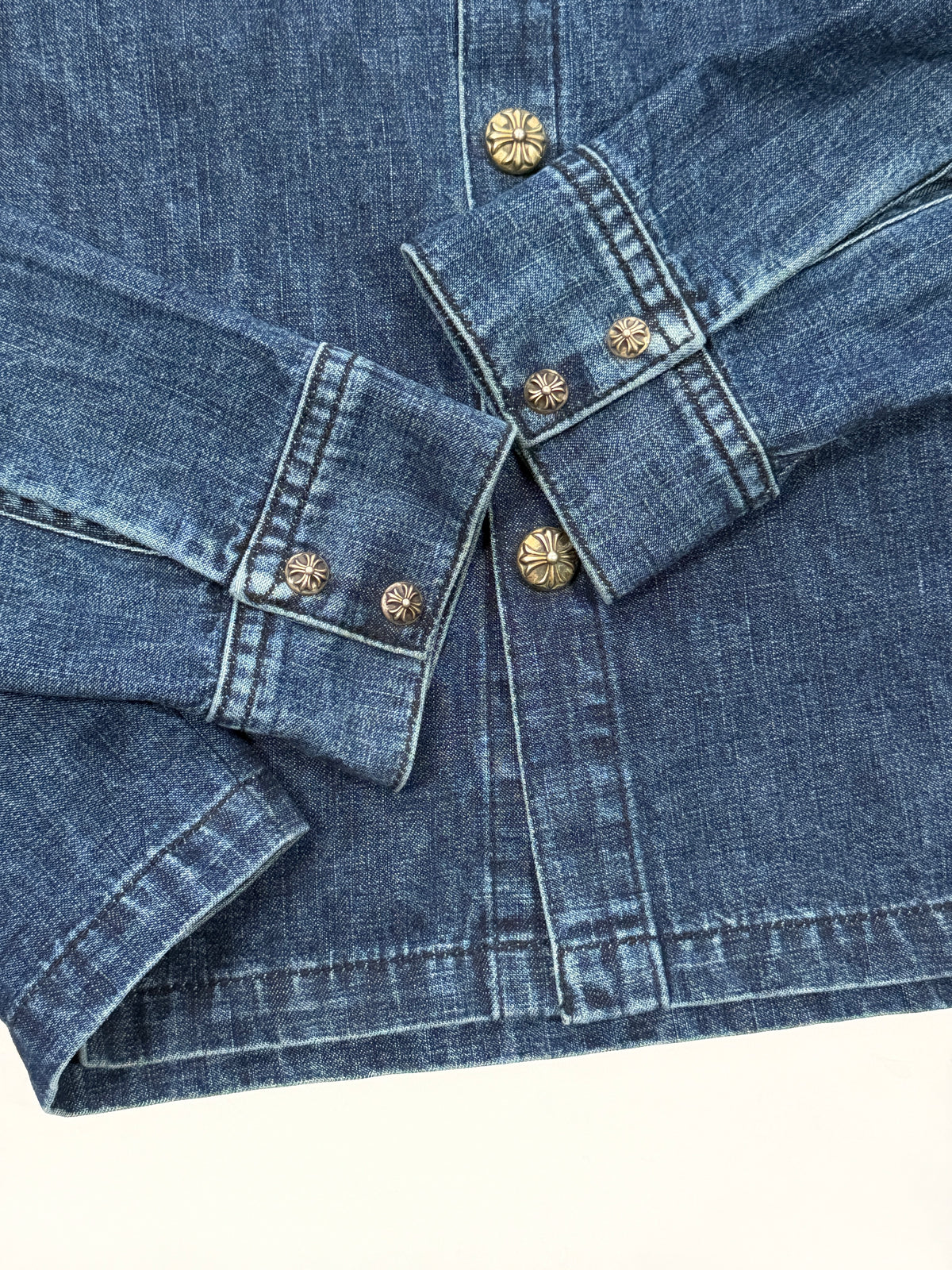 Blue Denim Shirt Jacket by Chrome Hearts with Cross Ball Cuff Buttons