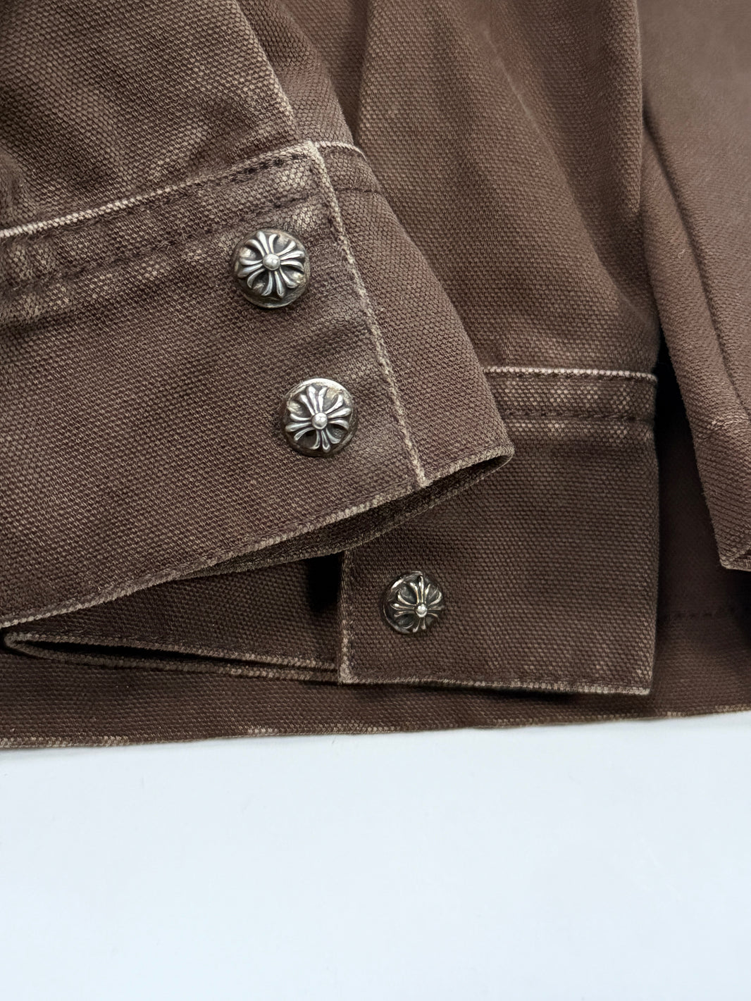 Sterling Silver Cross Buttons on Chrome Hearts Work Dog Jacket Brown