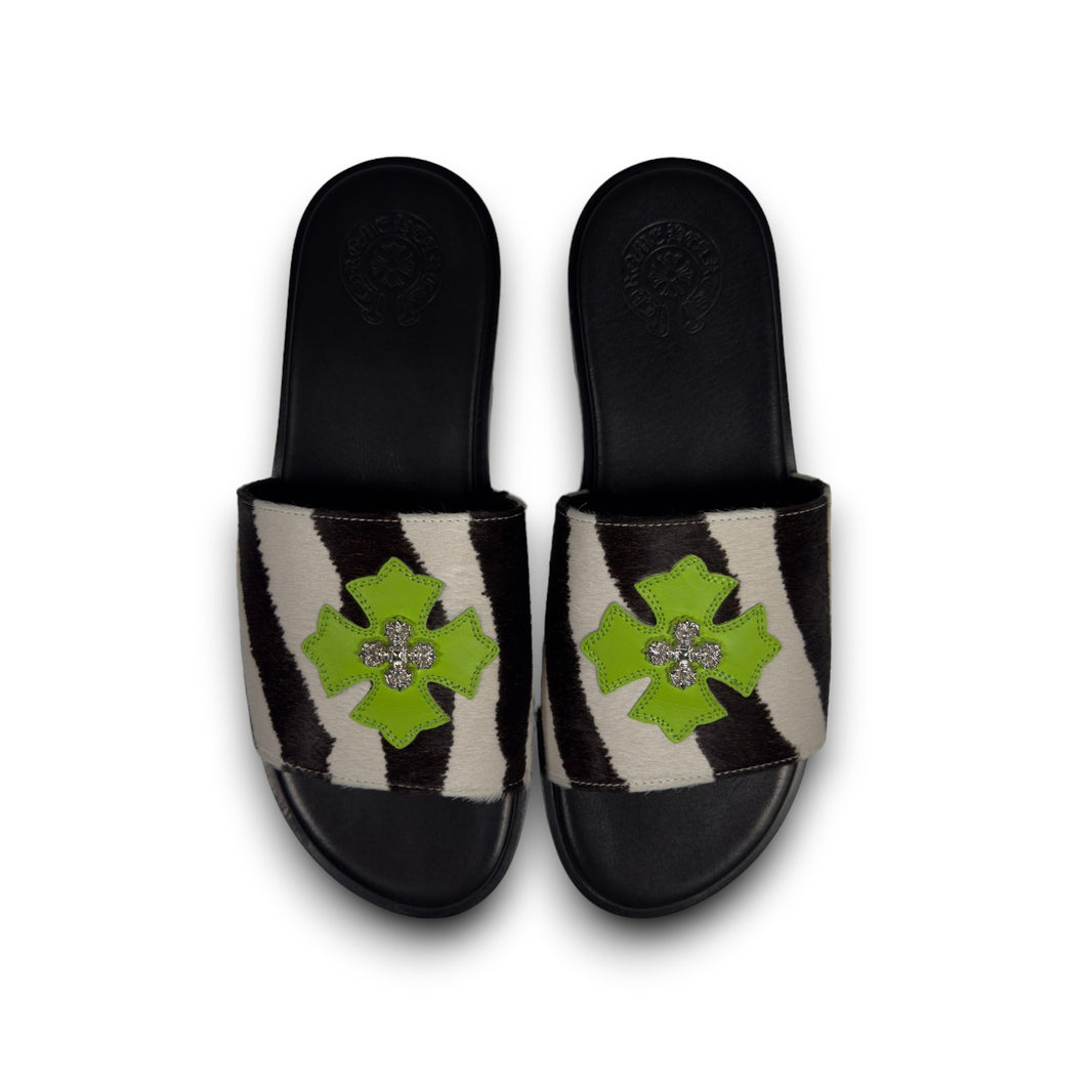 Zebra Pony Hair Green Plus Patch Slides