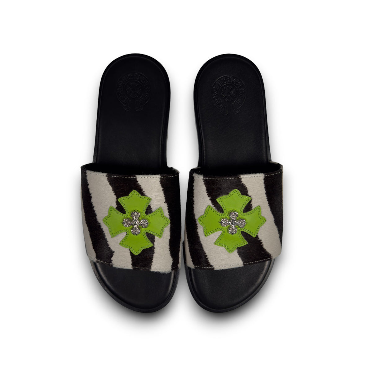 Chrome Hearts CH Slide CH Plus Patch Calf Hair Sandals Chrome Hearts Zebra Pony Hair Green Plus Patch Slides | YP main image 4