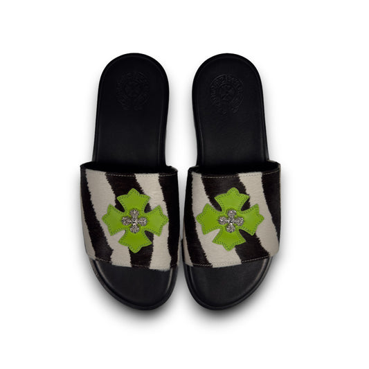 Chrome Hearts Zebra Pony Hair Green Plus Patch Slides Authentic Slides