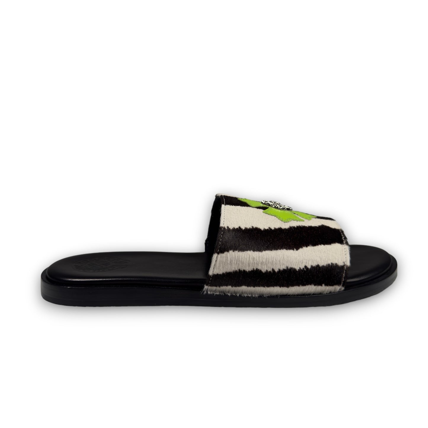 Zebra Pony Hair Green Plus Patch Slides