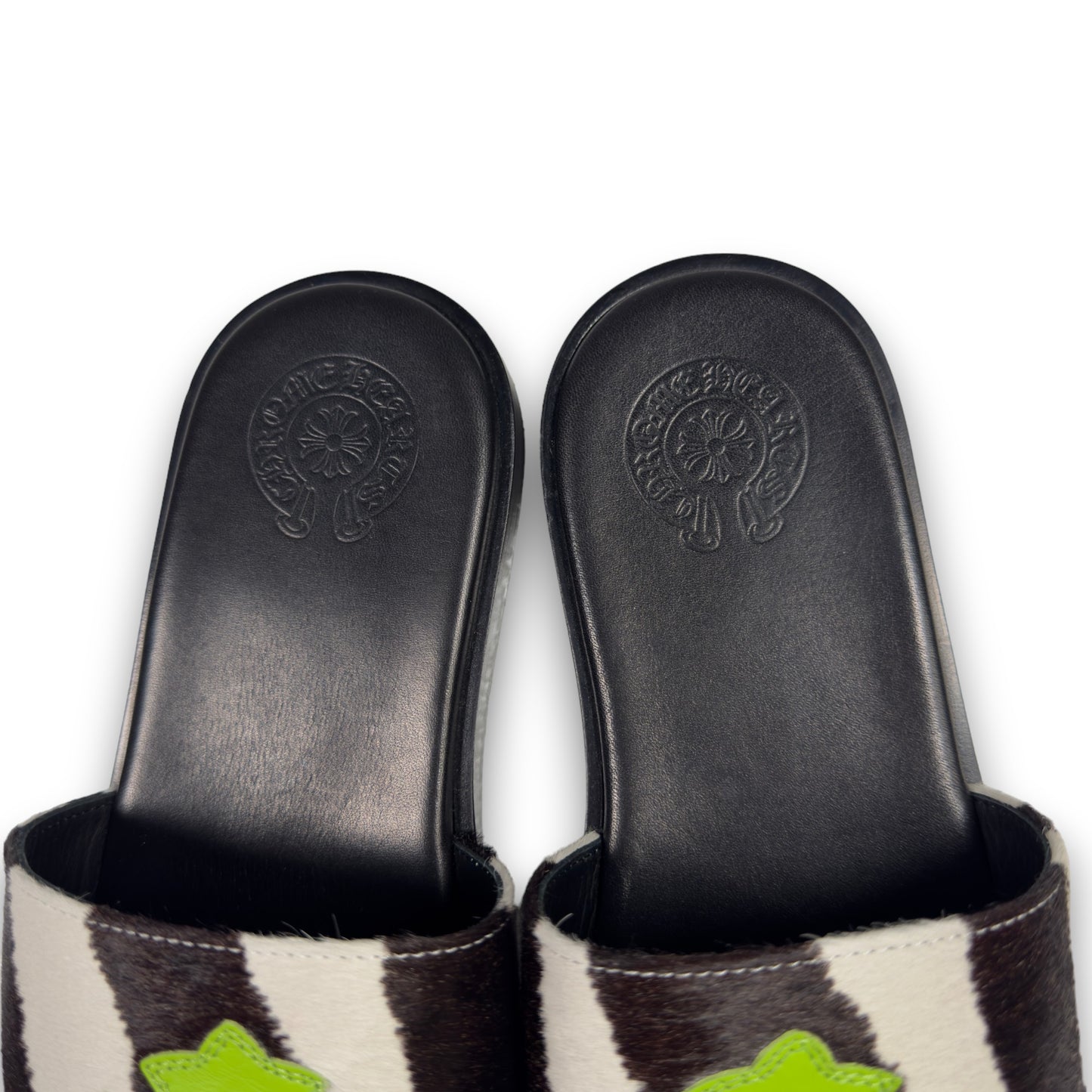 Zebra Pony Hair Green Plus Patch Slides