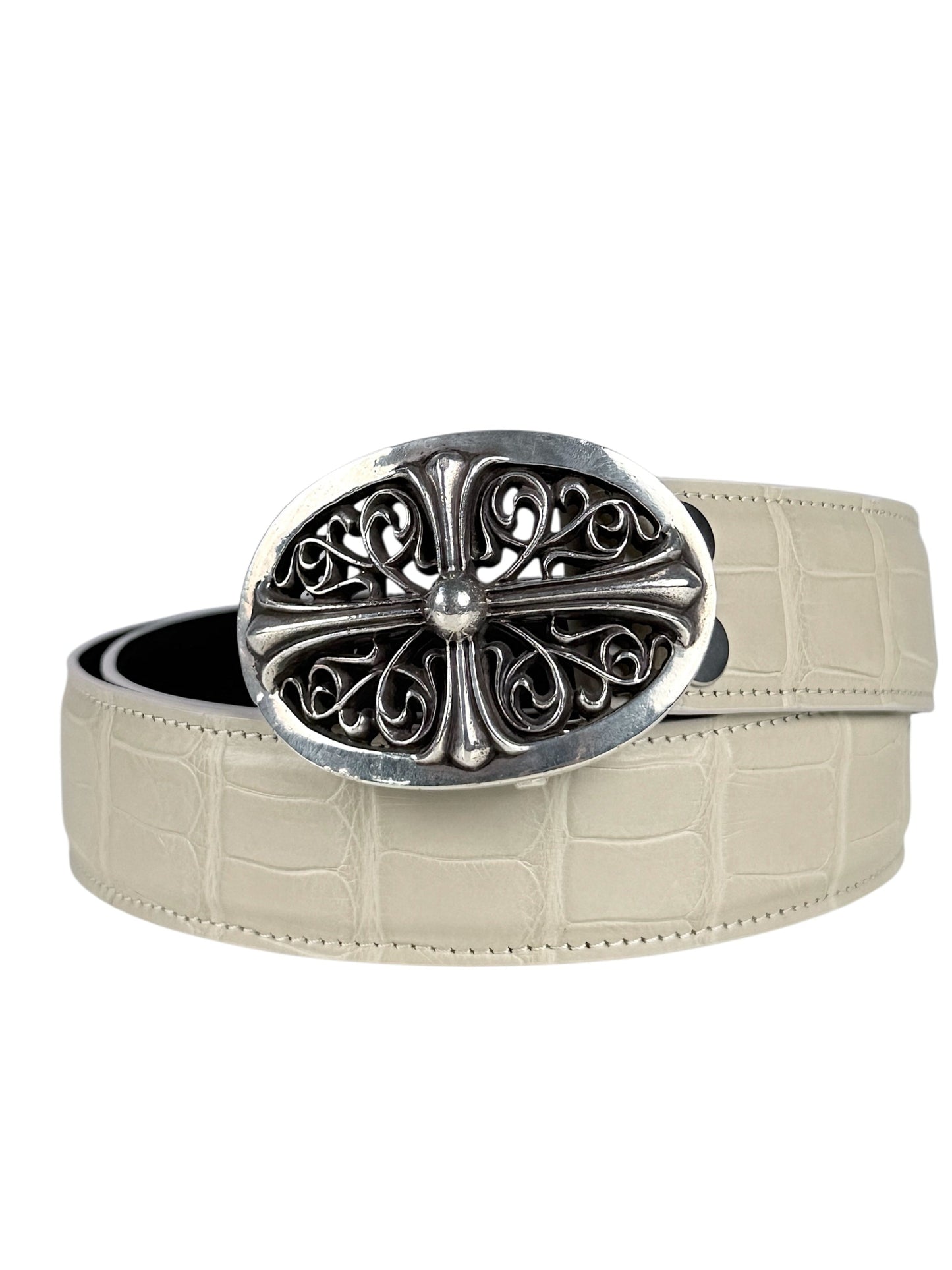 Matte crocodile scale pattern on AMAL cream belt strap