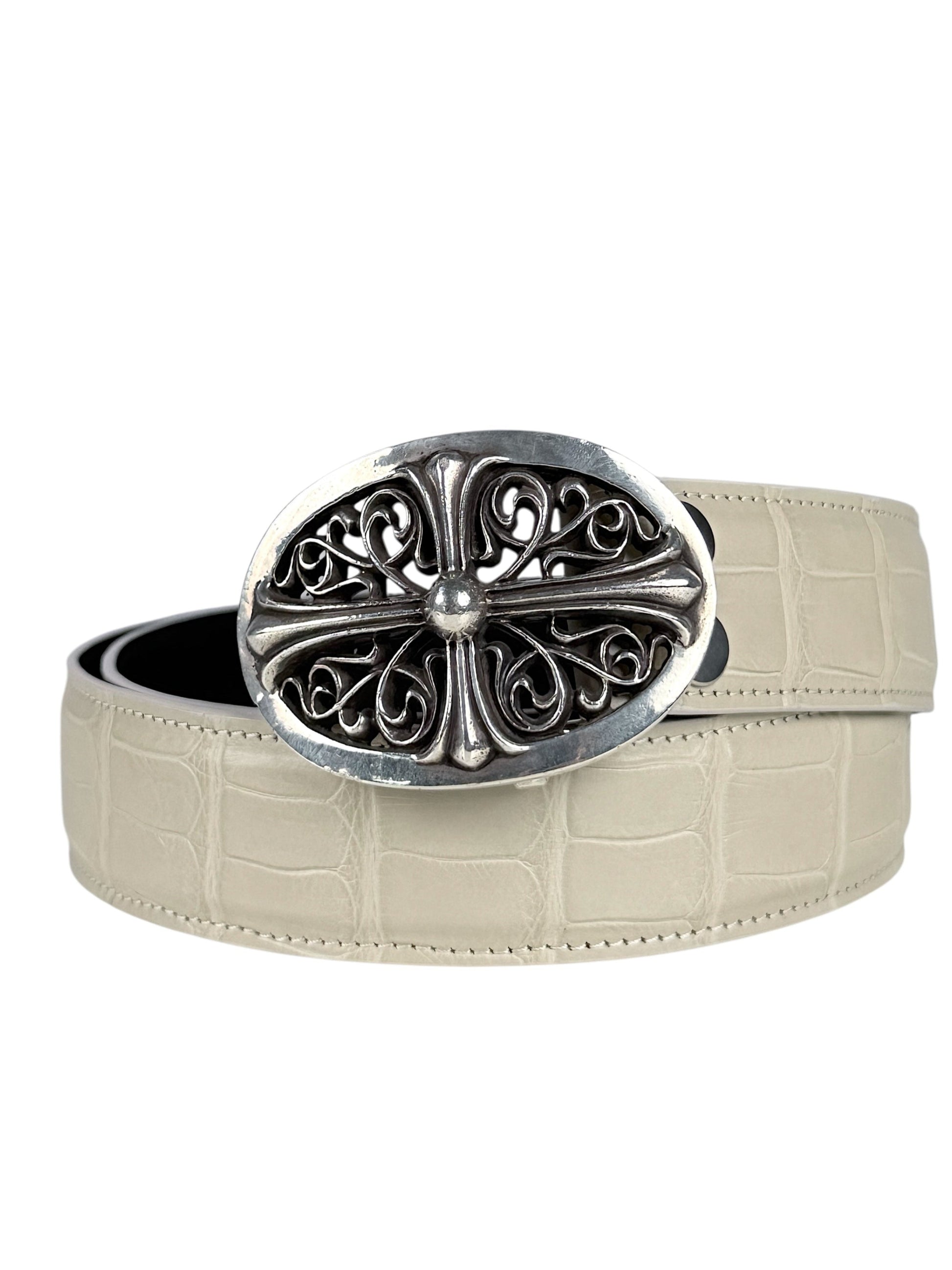 Matte crocodile scale pattern on AMAL cream belt strap