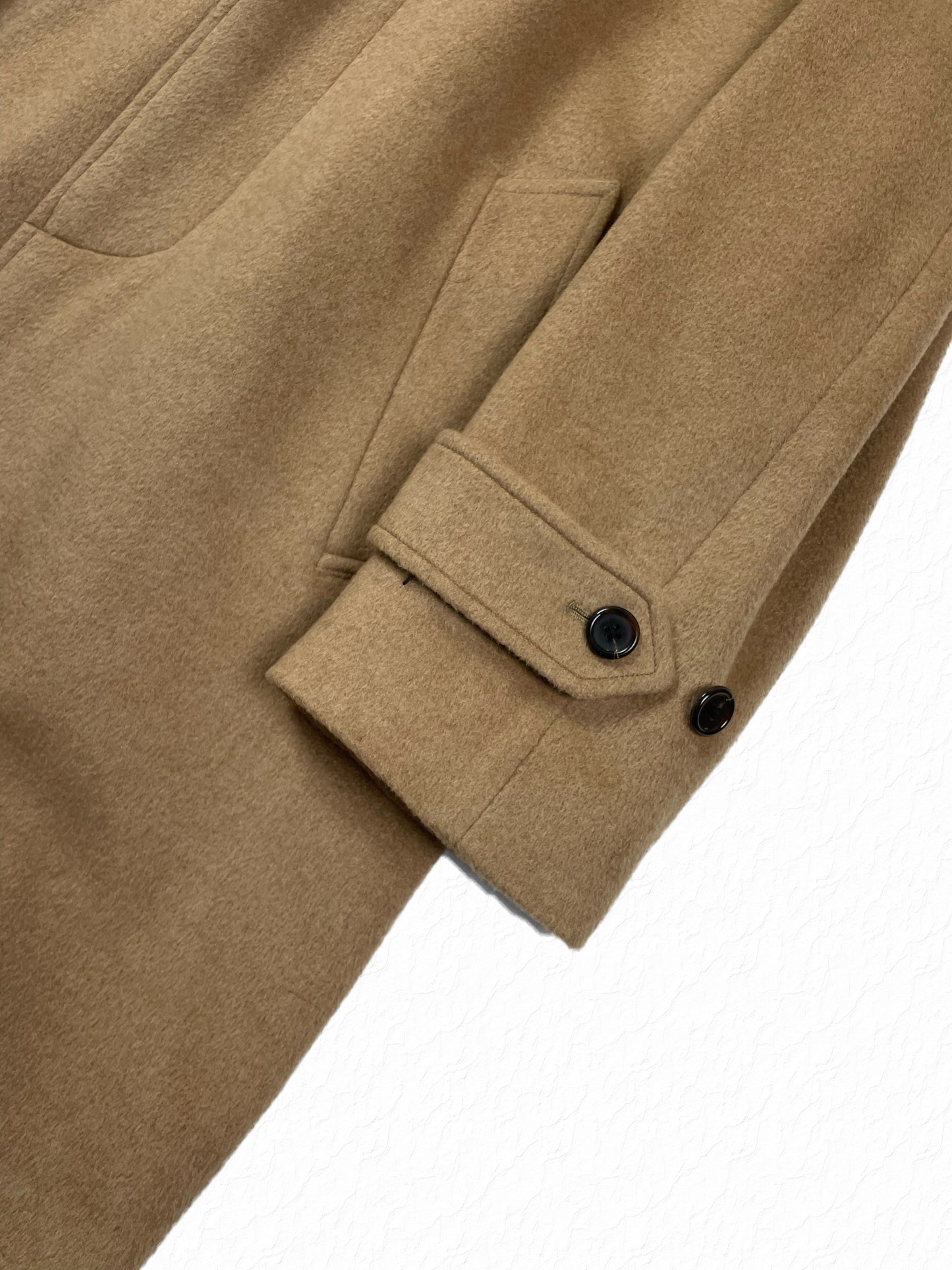Camel hair car coat with buttoned cuff tabs by Thom Browne