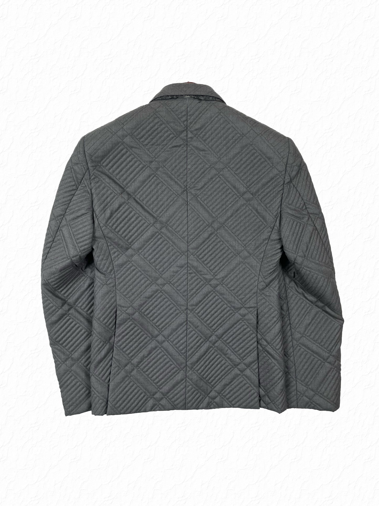 Grey Thom Browne sport coat with tricolor grosgrain cuff tab