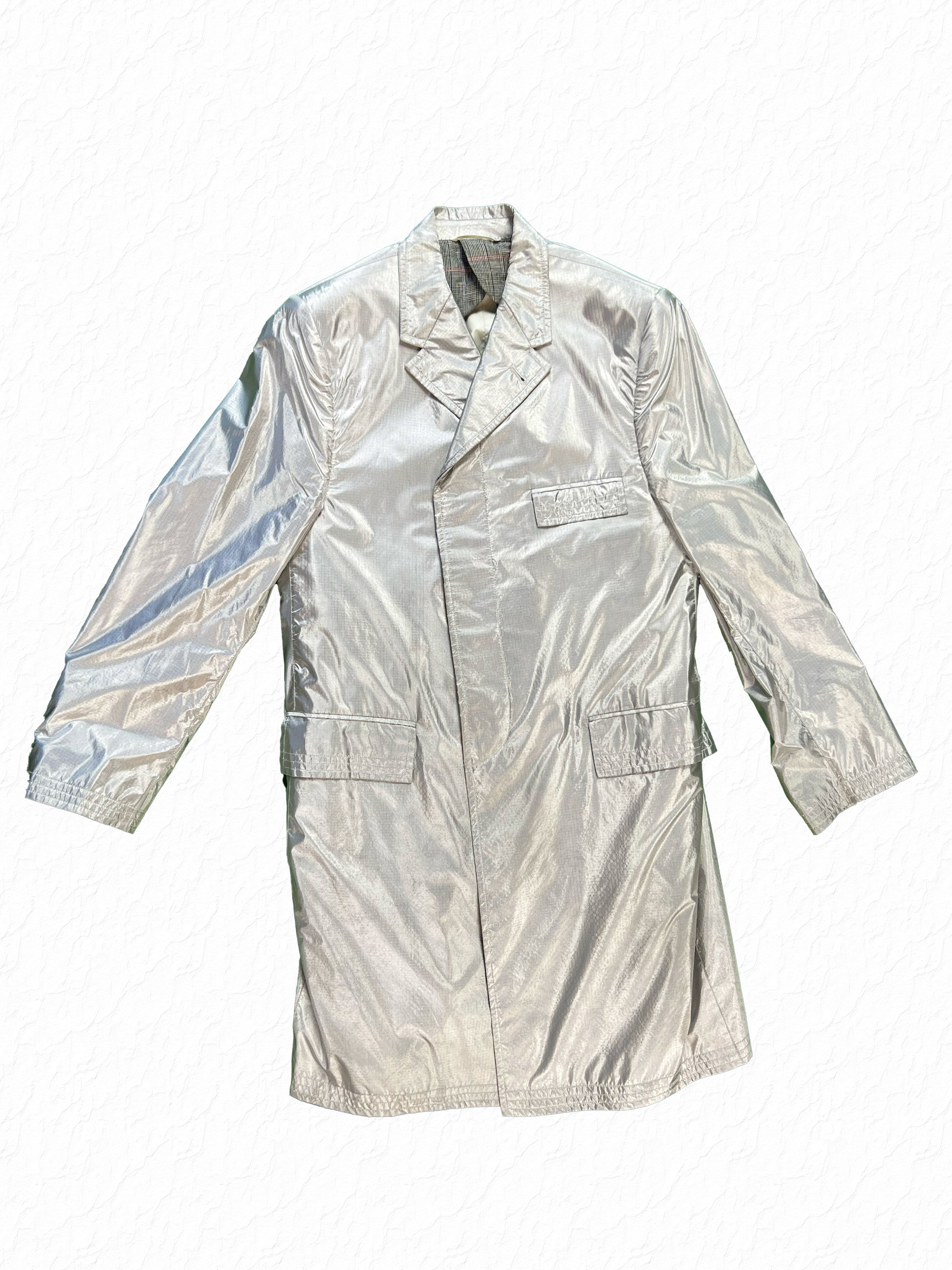 Silver M3 Nylon Chesterfield Coat Thom Browne Three Button Closure
