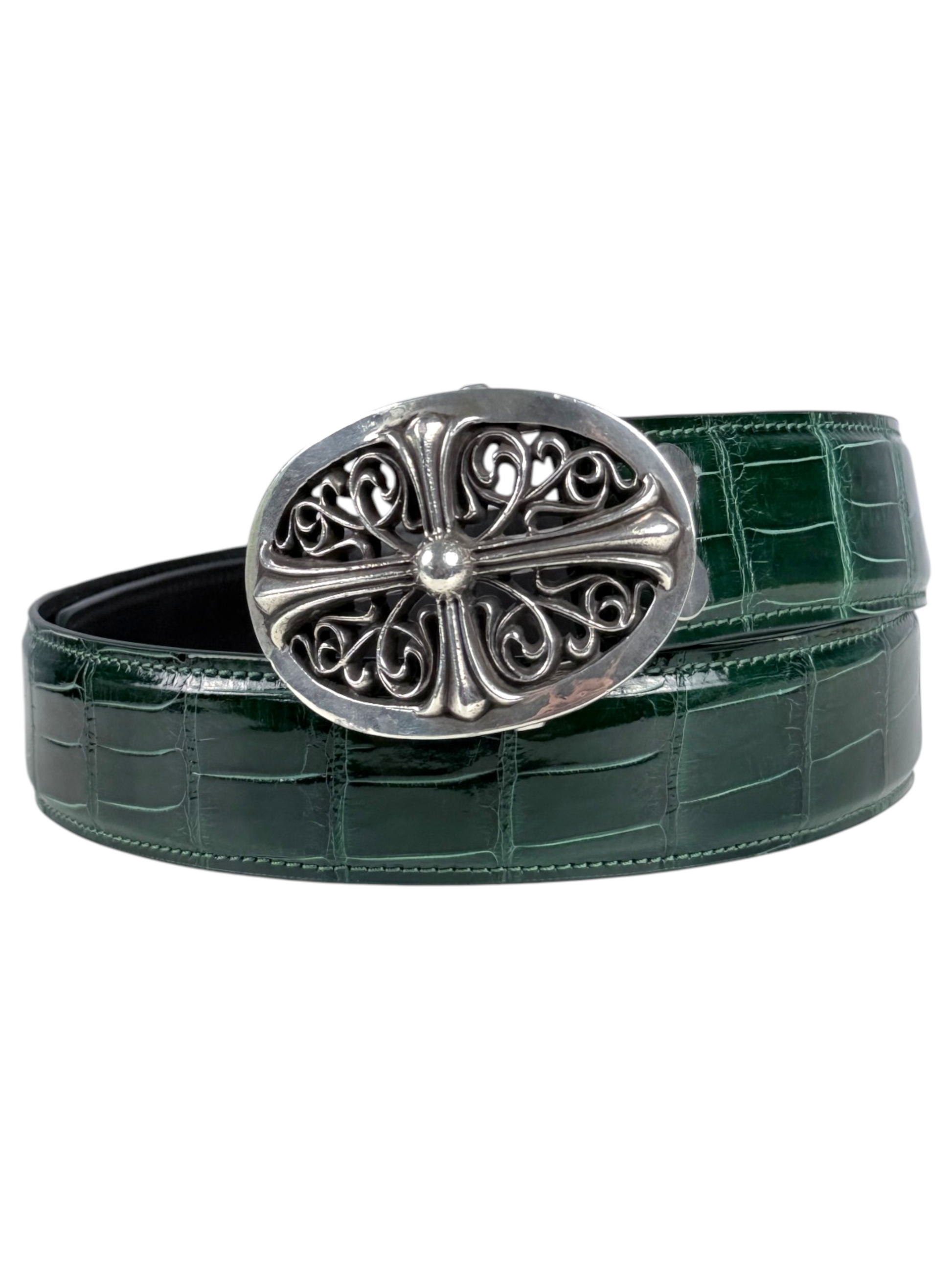 Glossy crocodile scale pattern on AMAL emerald belt strap