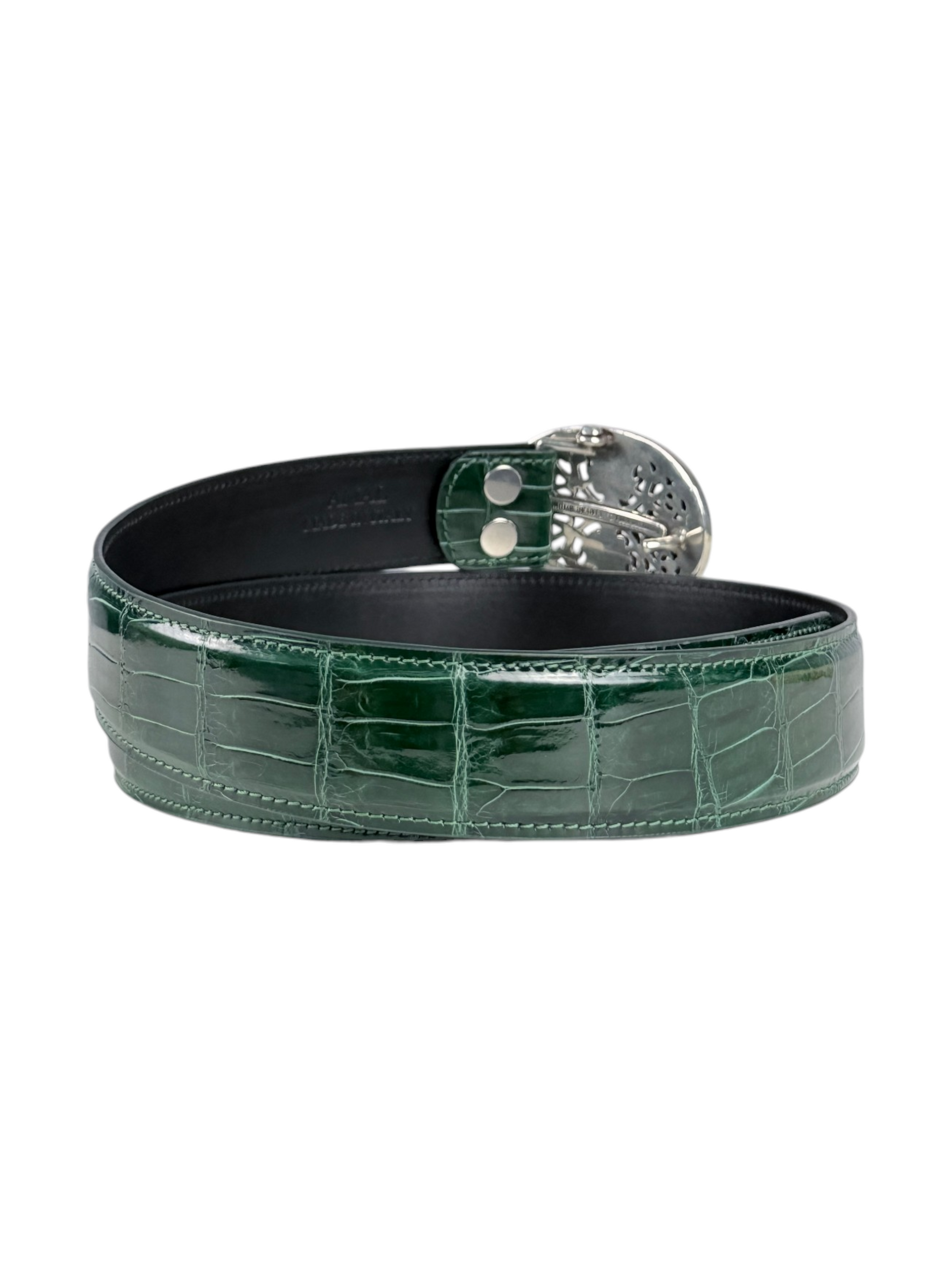 Exotic crocodile leather belt strap by AMAL in glossy emerald