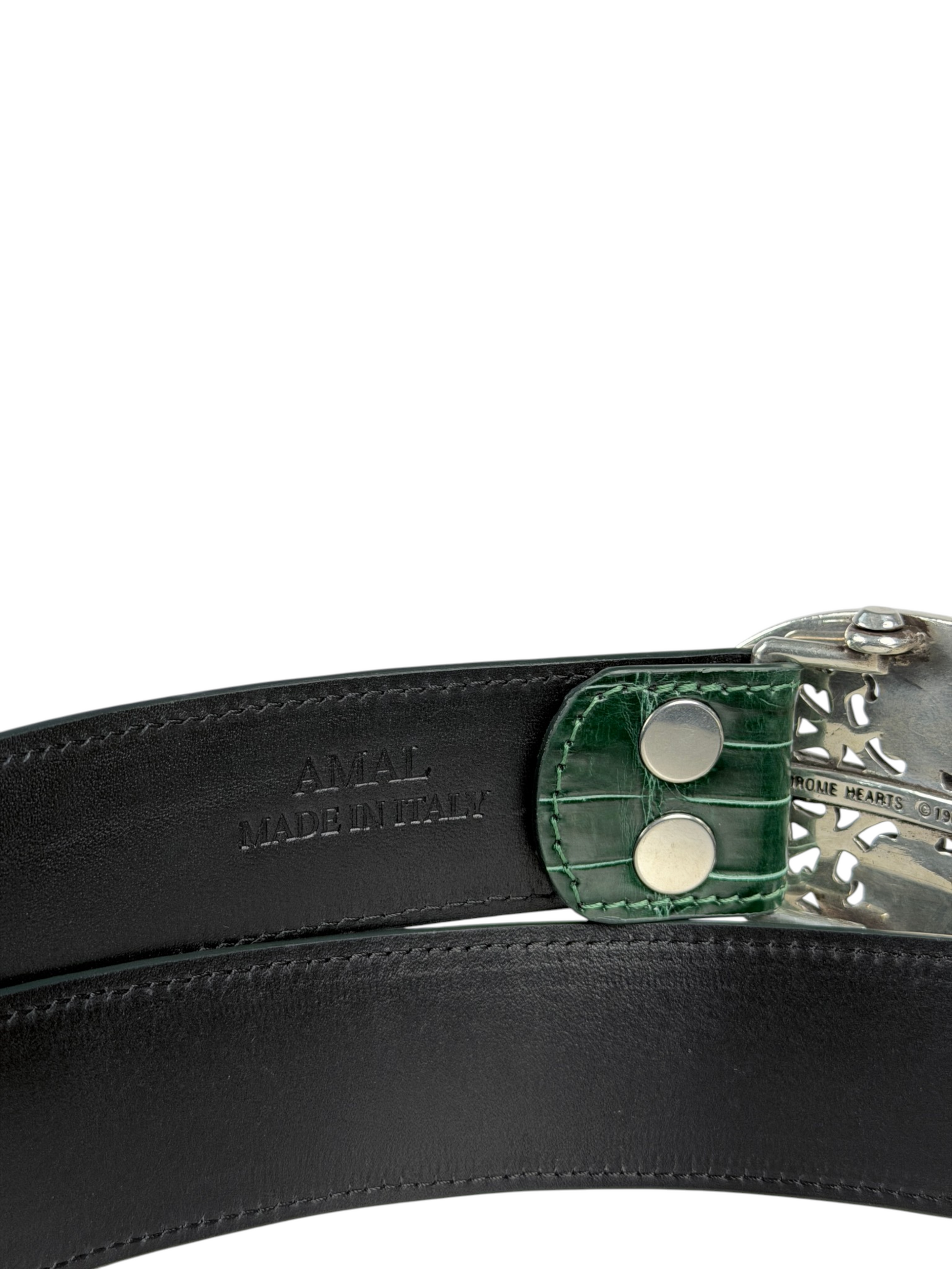 AMAL V2 belt strap shown with Chrome Hearts oval cross buckle