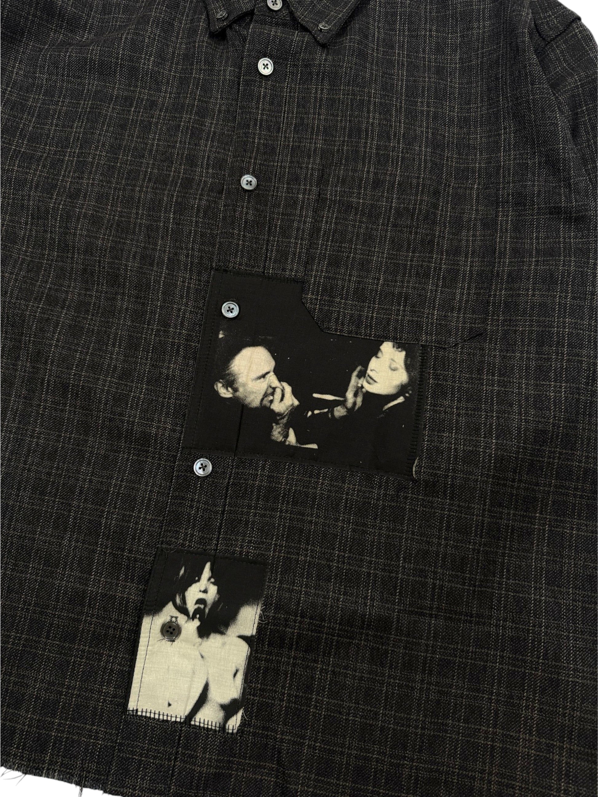 Hand-stitched black and white photo patches on ERD plaid flannel shirt