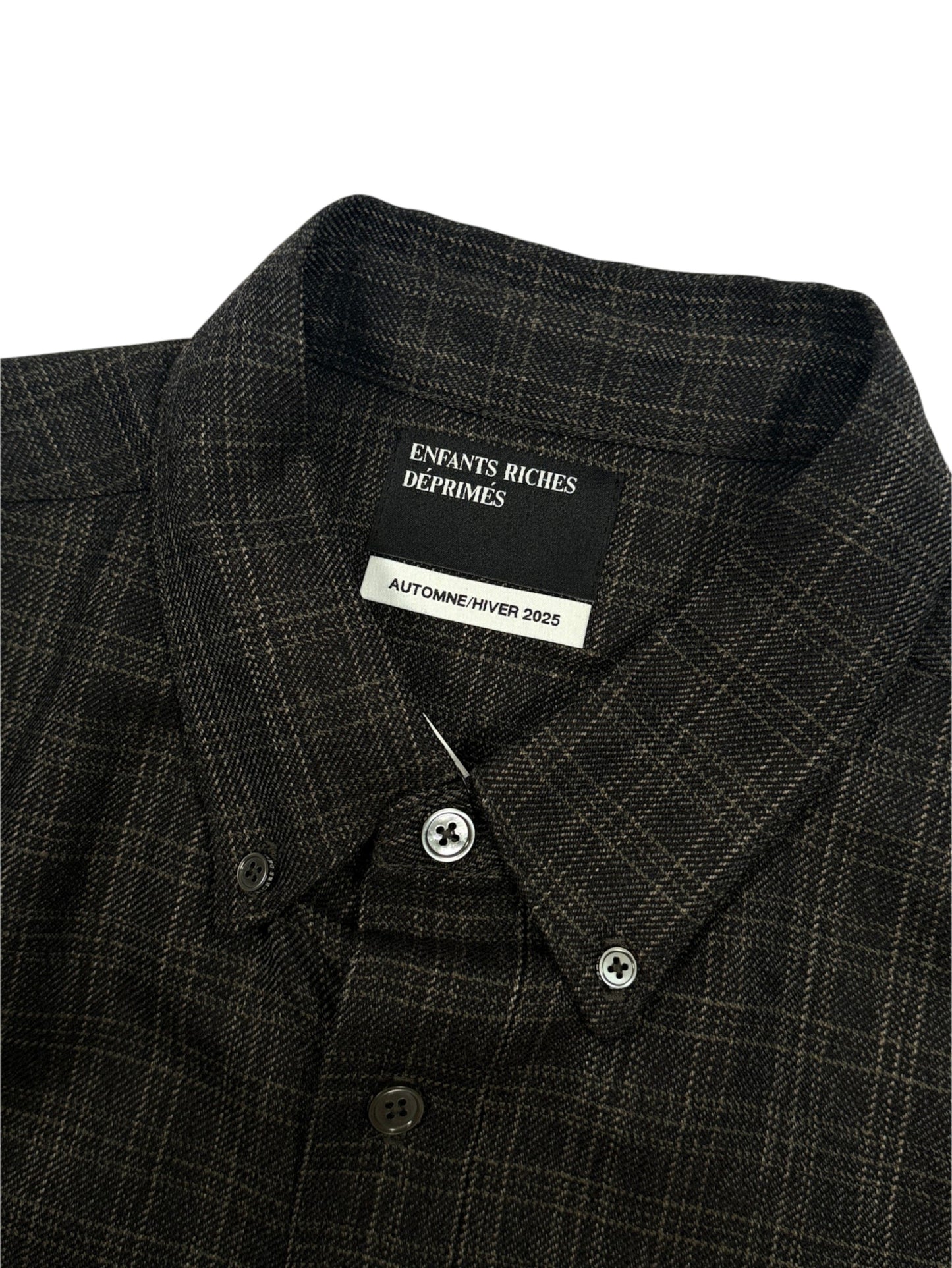 Mother of pearl buttons Enfants Riches Déprimés plaid wool shirt collar label