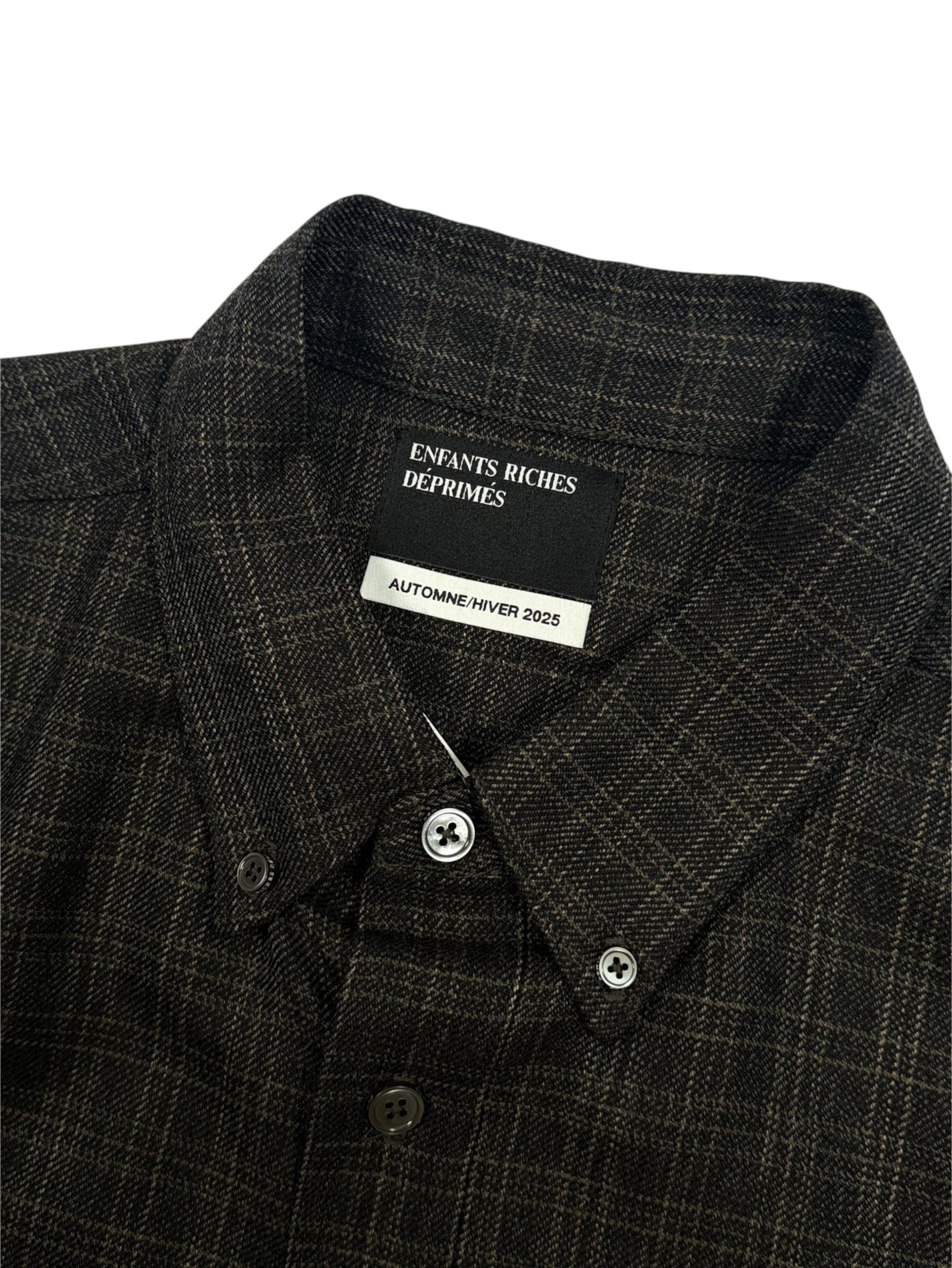 Mother of pearl buttons Enfants Riches Déprimés plaid wool shirt collar label