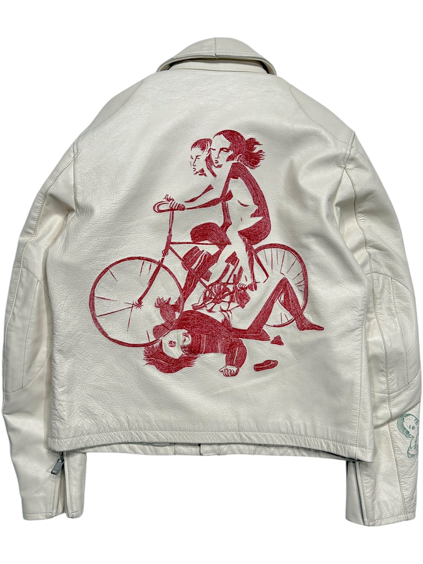 Red hand-embroidered bicycle graphic ERD Bully white leather jacket
