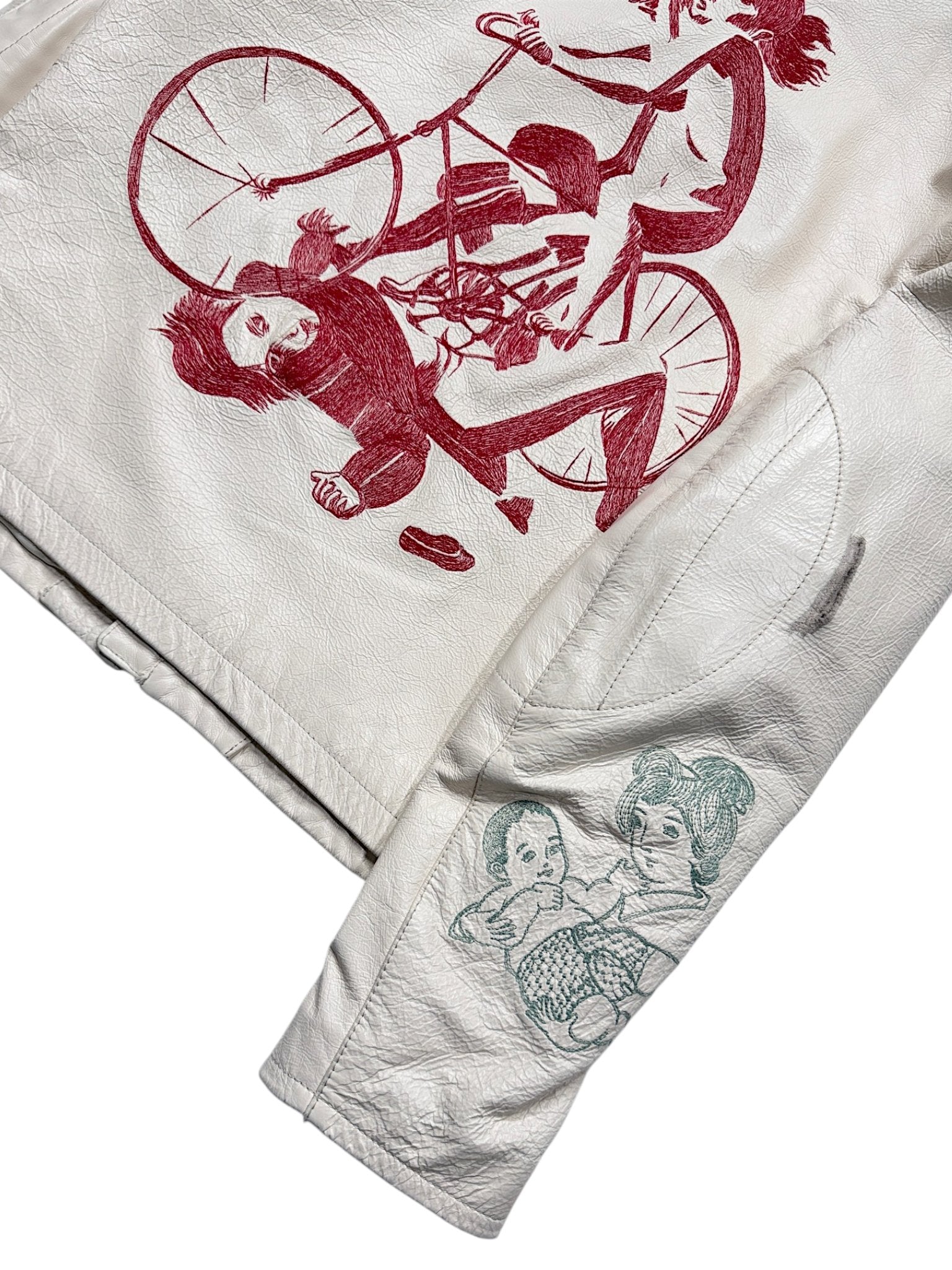 White full-grain leather ERD Bully jacket red bicycle embroidery