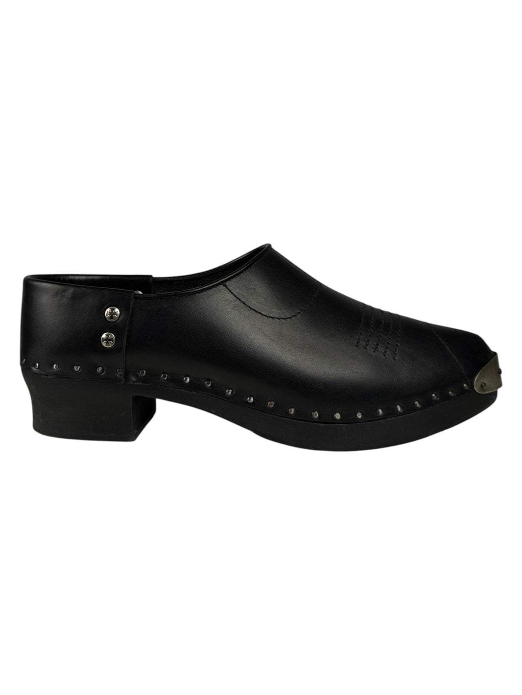 Enfants Riches Déprimés black leather clog mules with metal toe cap and studded platform