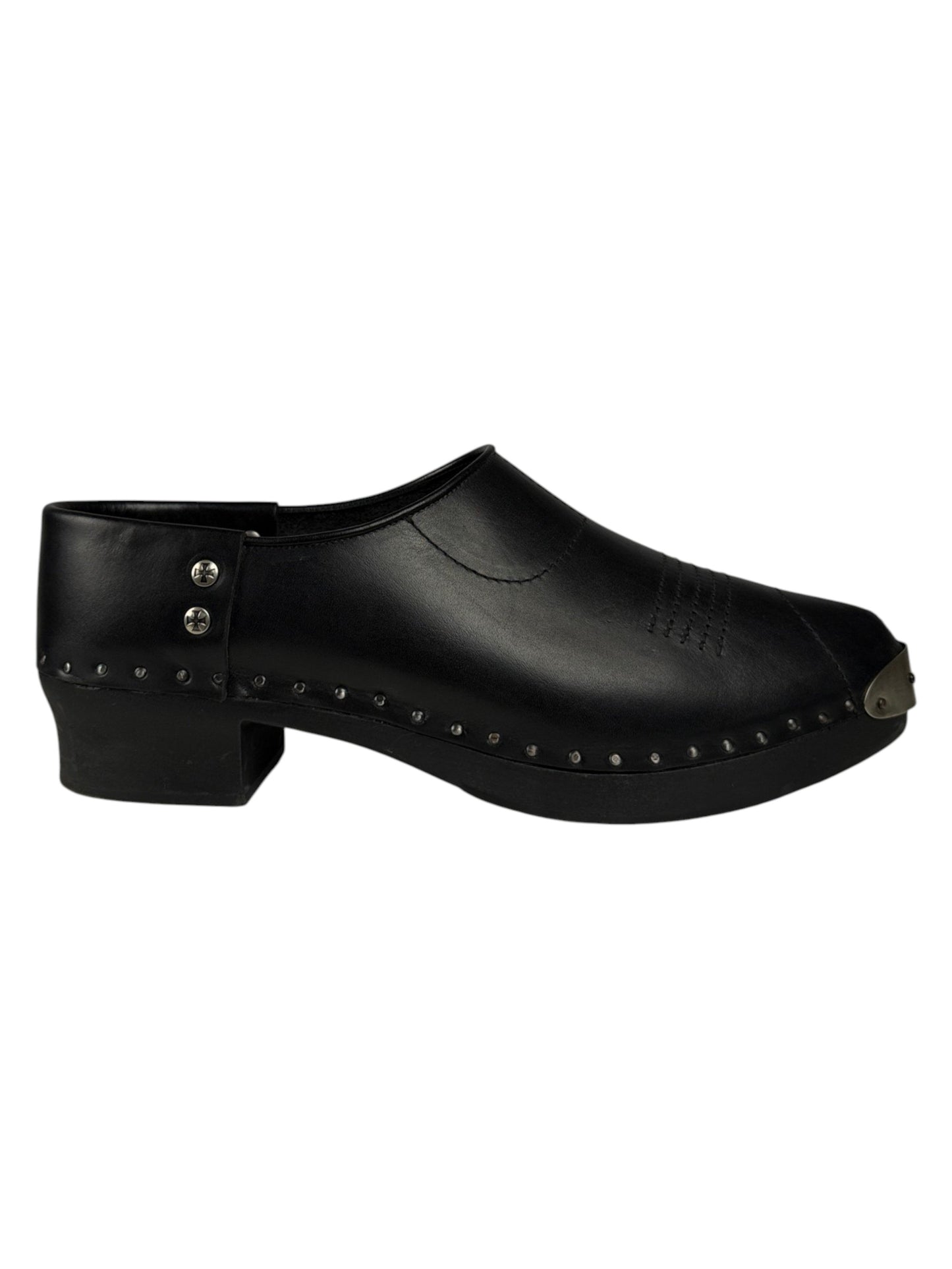 Enfants Riches Déprimés black leather clog mules with metal toe cap and studded platform