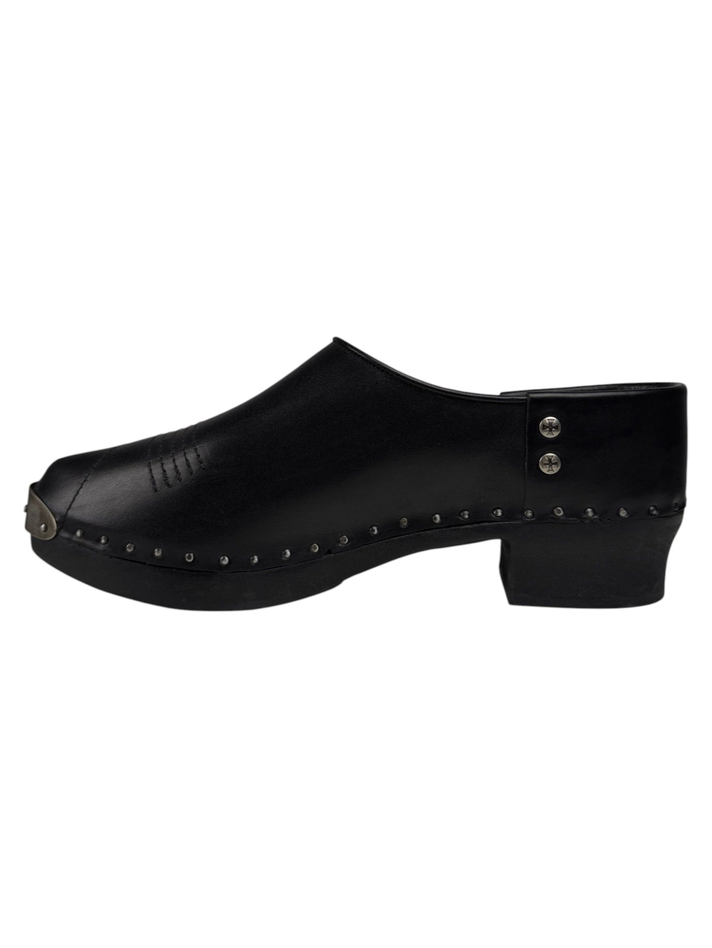 Black leather clog mules ERD polished metal toe cap and stud rivets