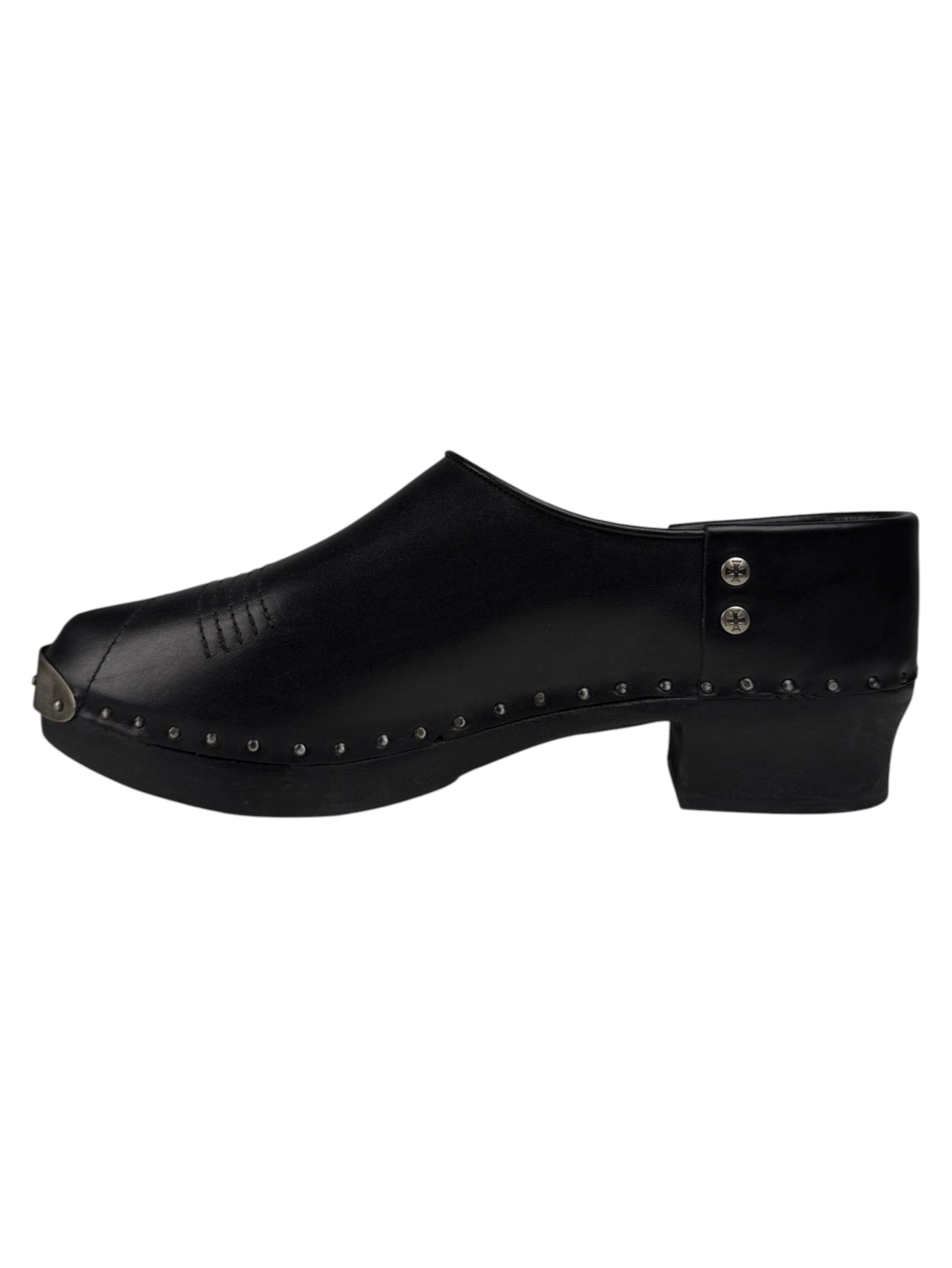 Black leather clog mules ERD polished metal toe cap and stud rivets
