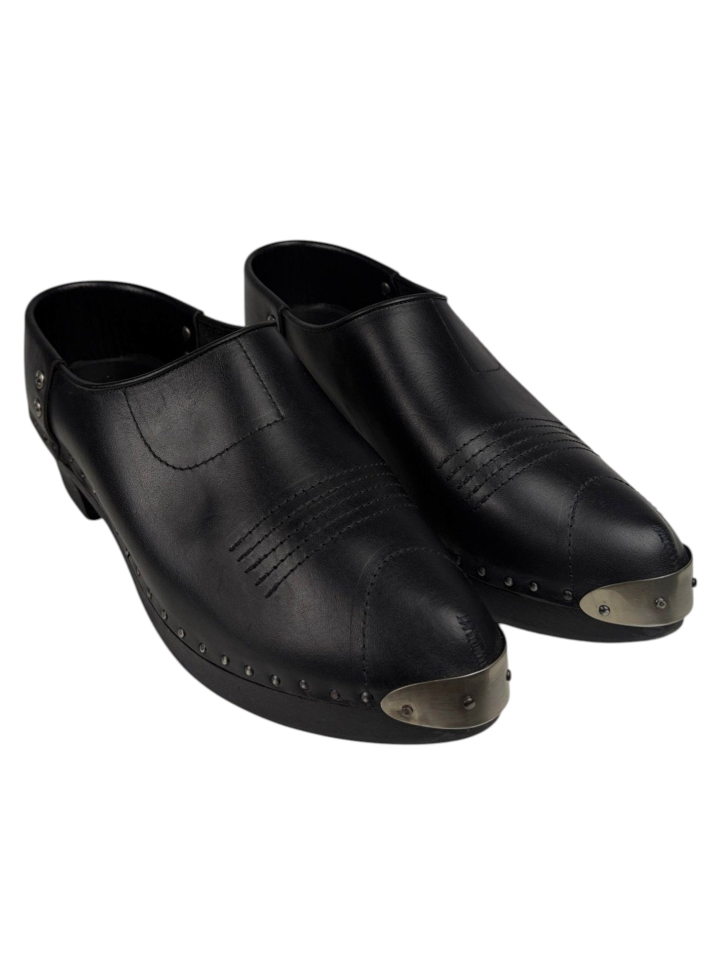 Paired Enfants Riches Déprimés leather clog mules with metal toe caps and wooden platform