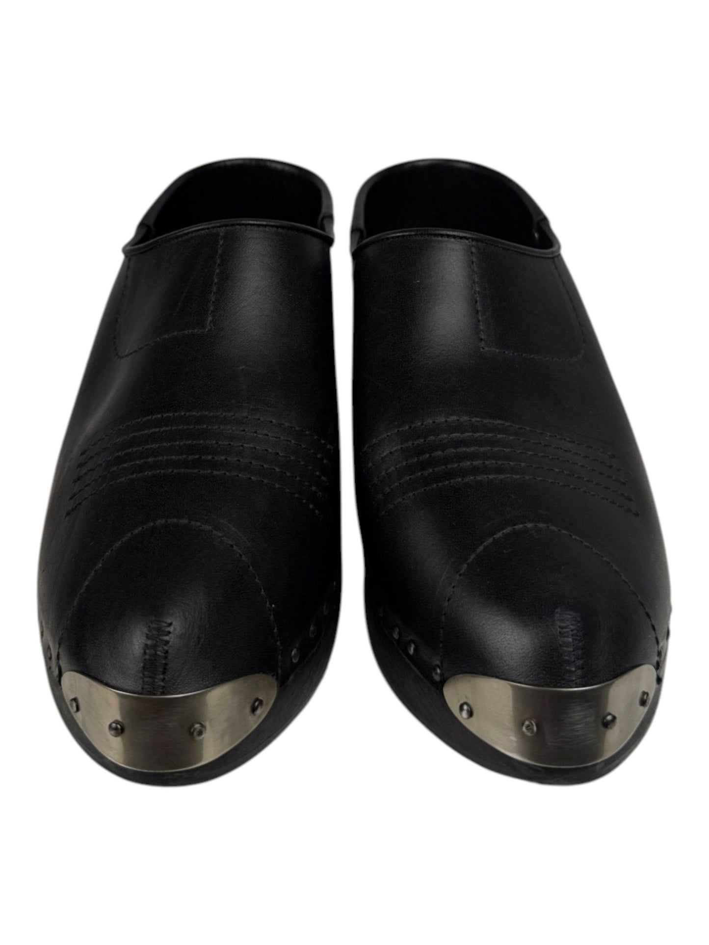Metal toe cap and topstitched black leather Enfants Riches Déprimés clog mules