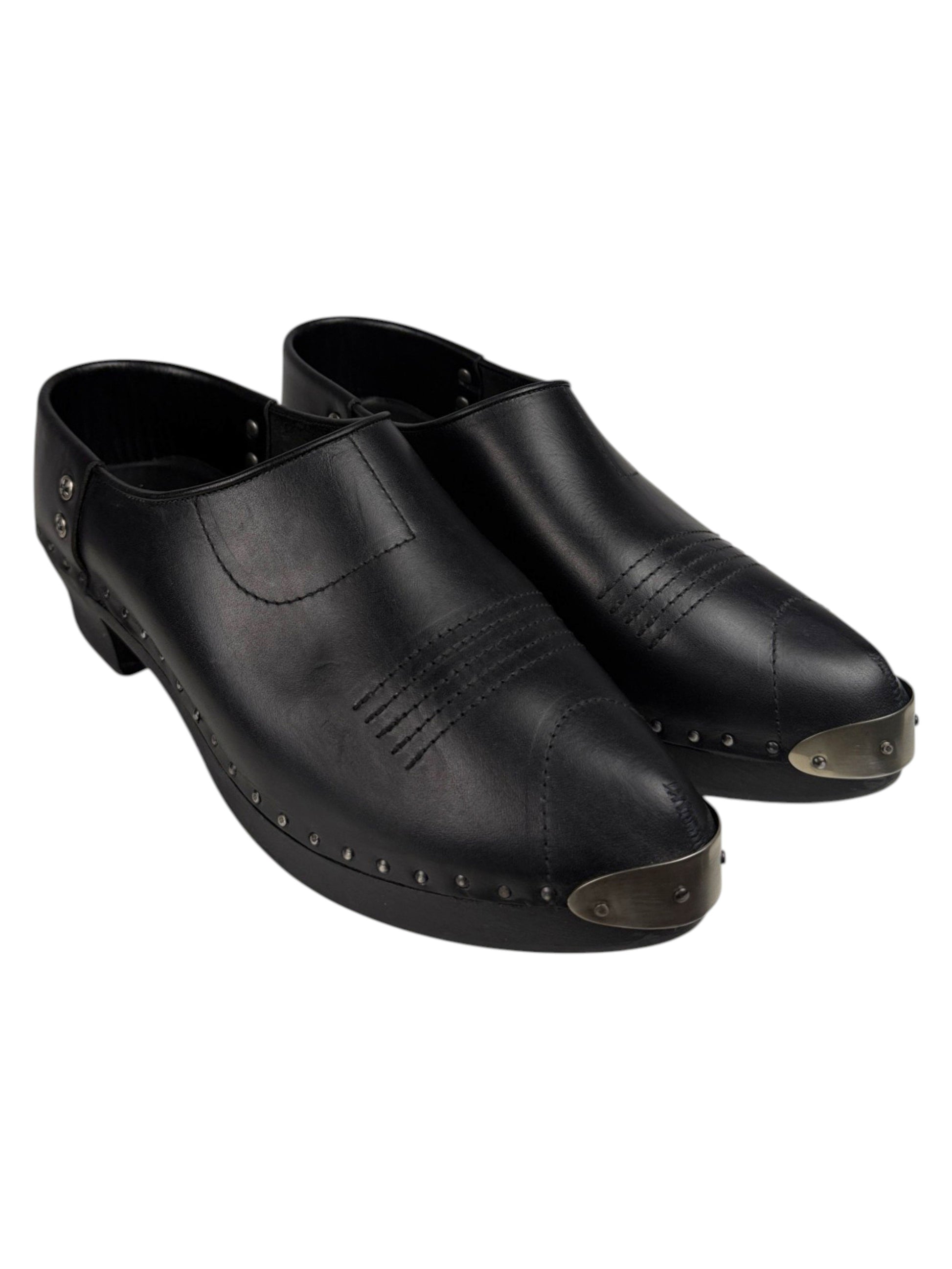 Studded wooden platform block heel on ERD black leather clog mules