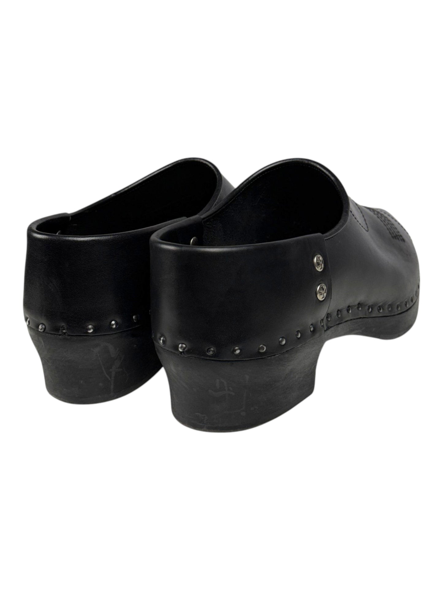 Black leather clog mules ERD studded platform block heel
