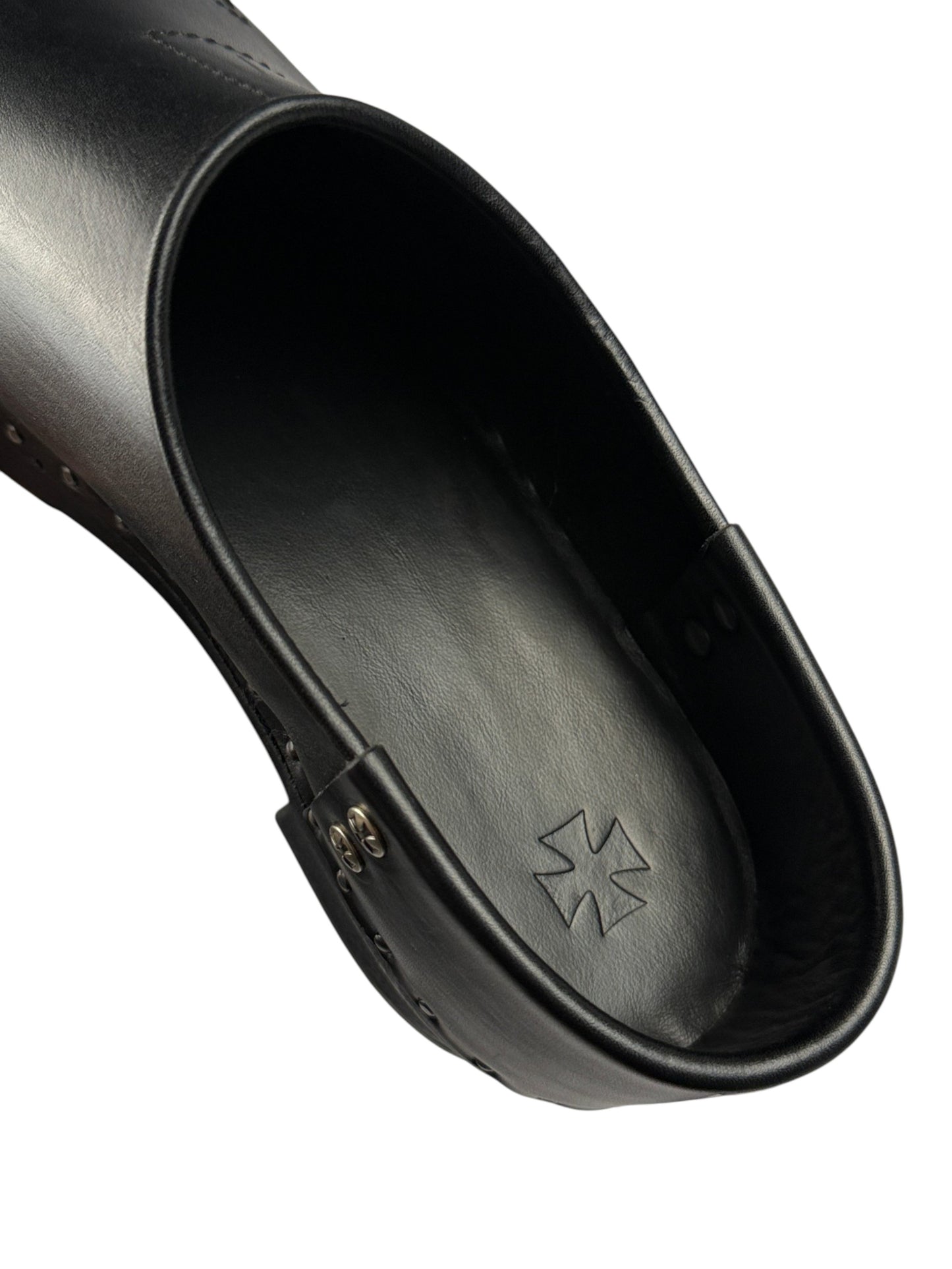 Iron cross stamped footbed inside Enfants Riches Déprimés leather clog mules