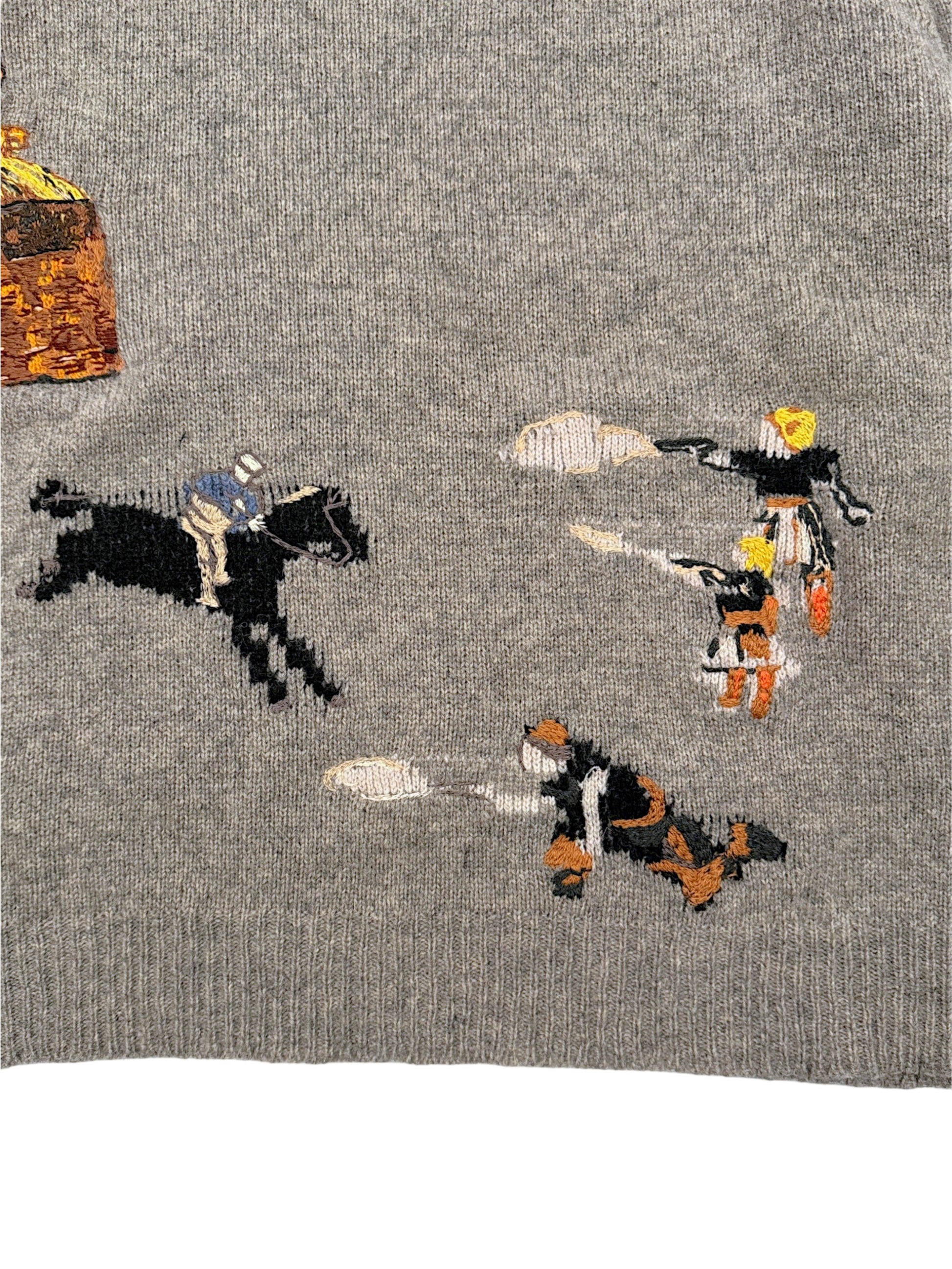 Embroidered cowboy gunfight scene Enfants Riches Déprimés grey wool sweater
