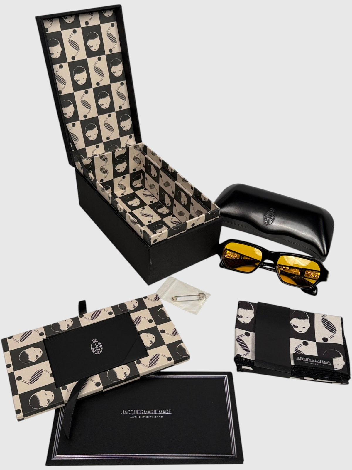 Complete Box Set ERD Jacques Marie Mage Mulholland Sunglasses with Silver Safety Pin
