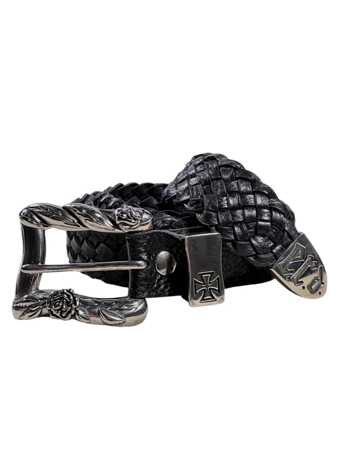 Enfants Riches Déprimés Port of Souls Braided Black Leather Belt Rose Buckle