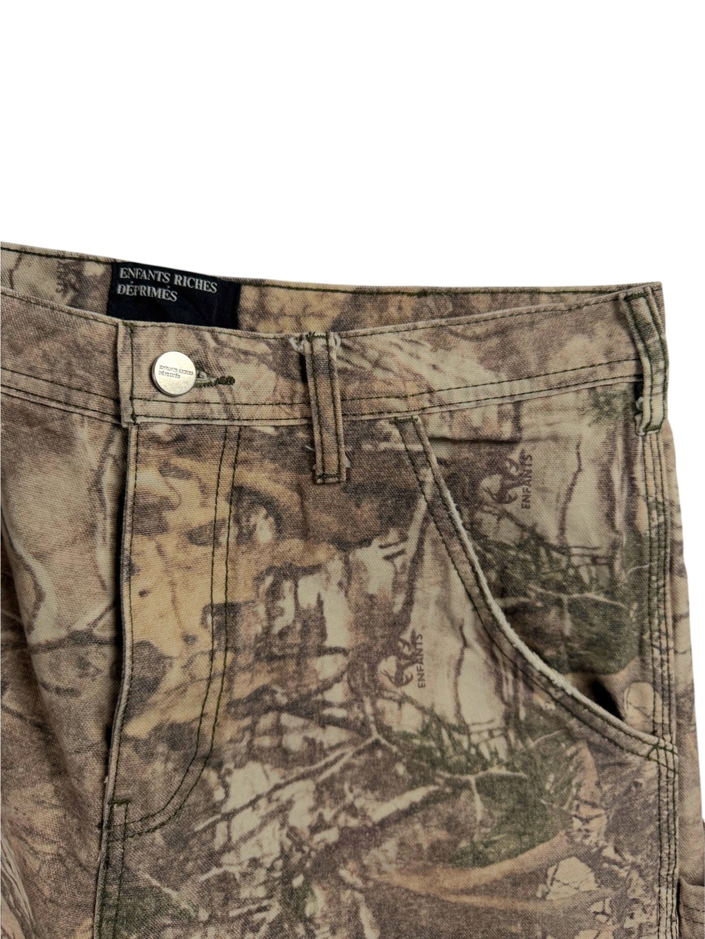 ERD engraved silver button Enfants Riches Déprimés camo cotton canvas pants