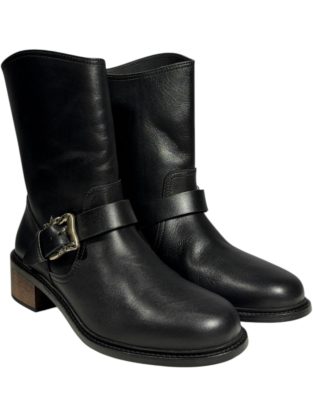 ERD Short Shaft Motorcycle boots black leather stacked wooden block heel